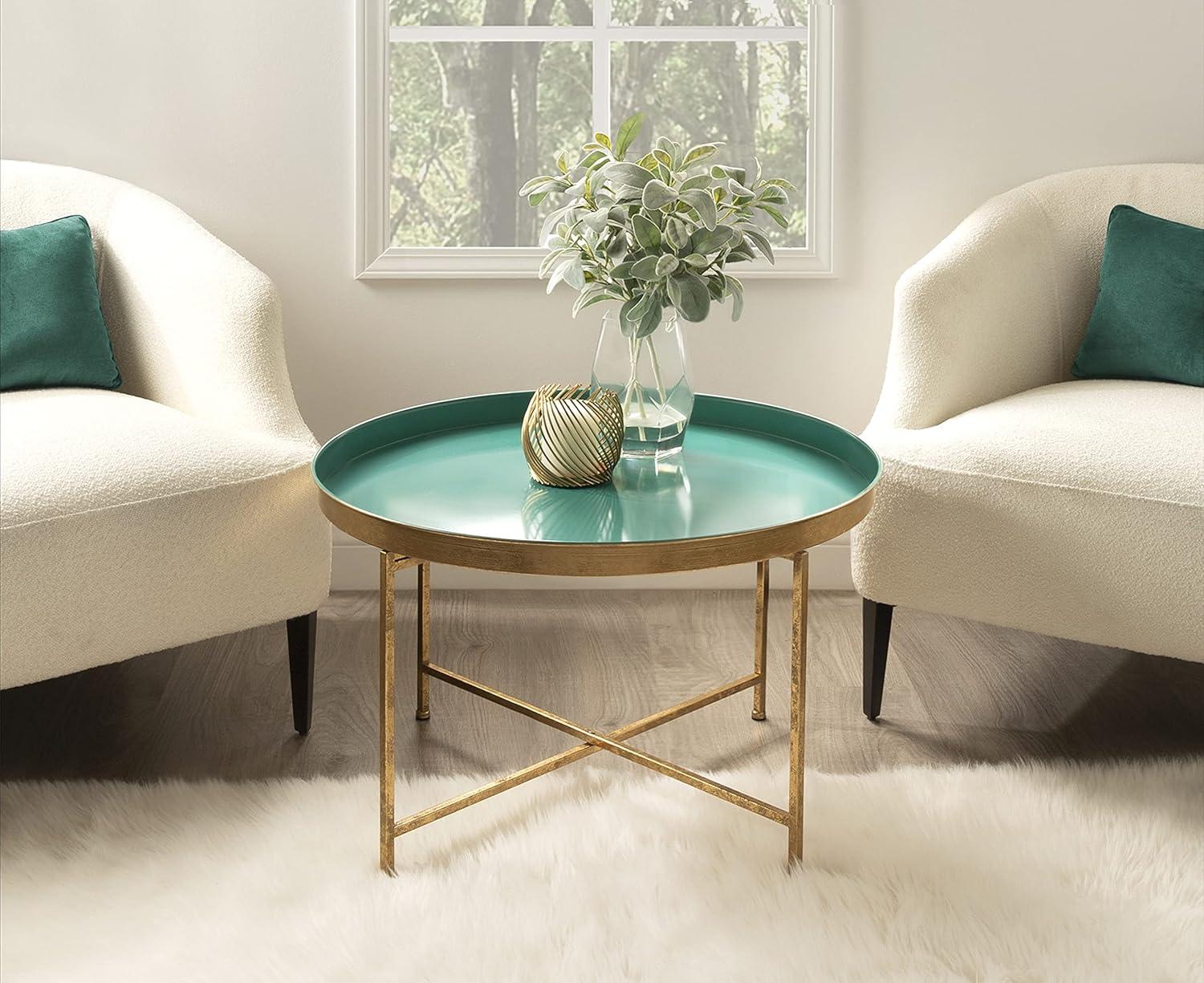 Kate and Laurel Celia Round Metal Coffee Table, 28.25x28.25x19, Teal and Gold