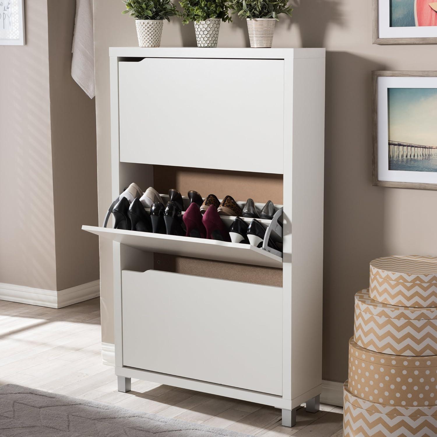 Simms 3 Drawer Modern Shoe Cabinet White - Baxton Studio: Entryway Organizer, Holds 18 Pairs