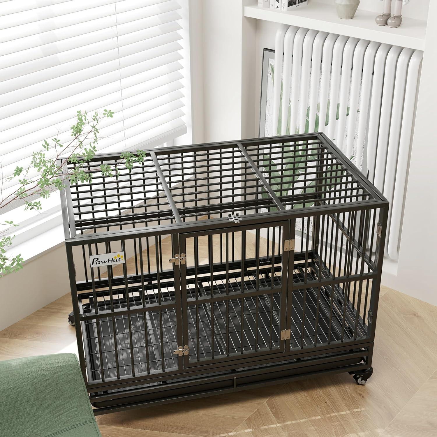 PawHut 36" Heavy Duty Dog Crate Metal Cage Kennel with Lockable Wheels, Double Door and Removable Tray, Gray