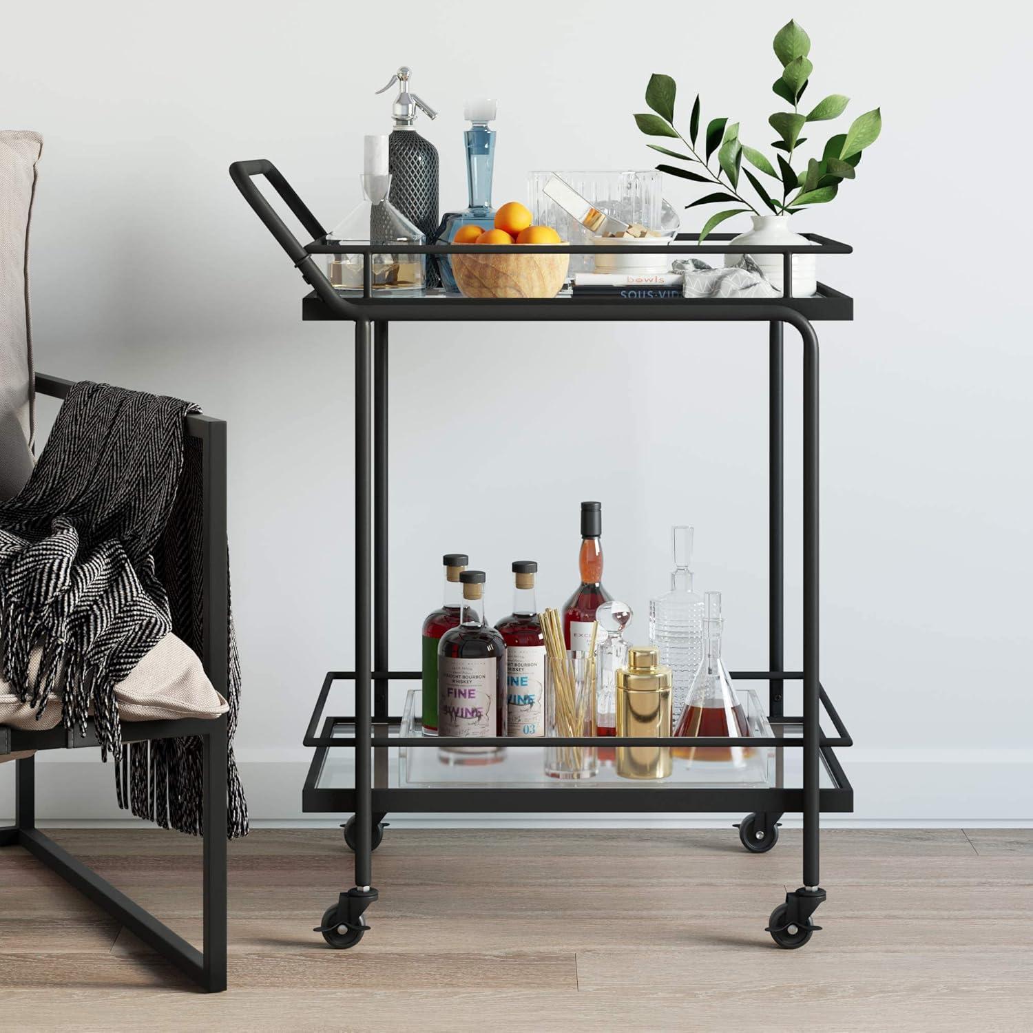 Sally Sleek 2-Tiered Black Metal and Glass Rolling Bar Cart