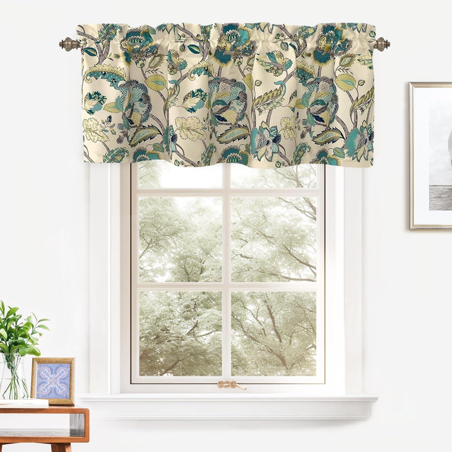 DriftAway  Layla Classic America Style Floral Leaves Room Darkening Window Curtain Valance Rod Pocket Eggshell Teal 52" width x 18 " length 2 pack