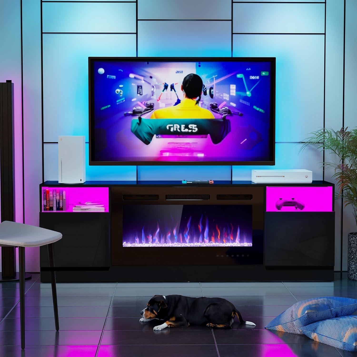 Black 70'' TV Stand with 36'' Electric Fireplace and LED Lights