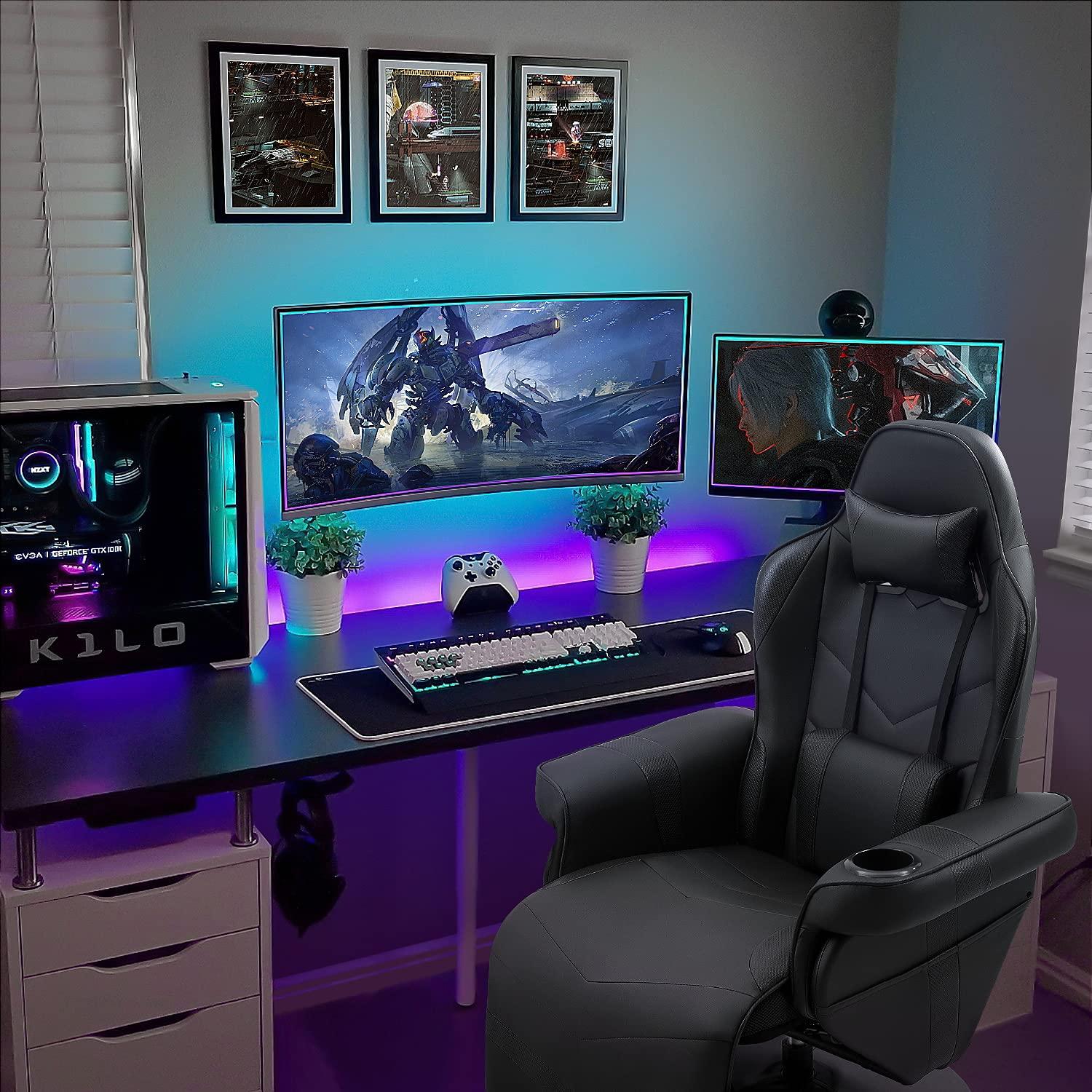 Homall Computer Racing Style Pu Leather Ergonomic Adjusted Reclining Video Gaming Single Sofa Chair with Footrest Headrest and Lumbar Support (Black)