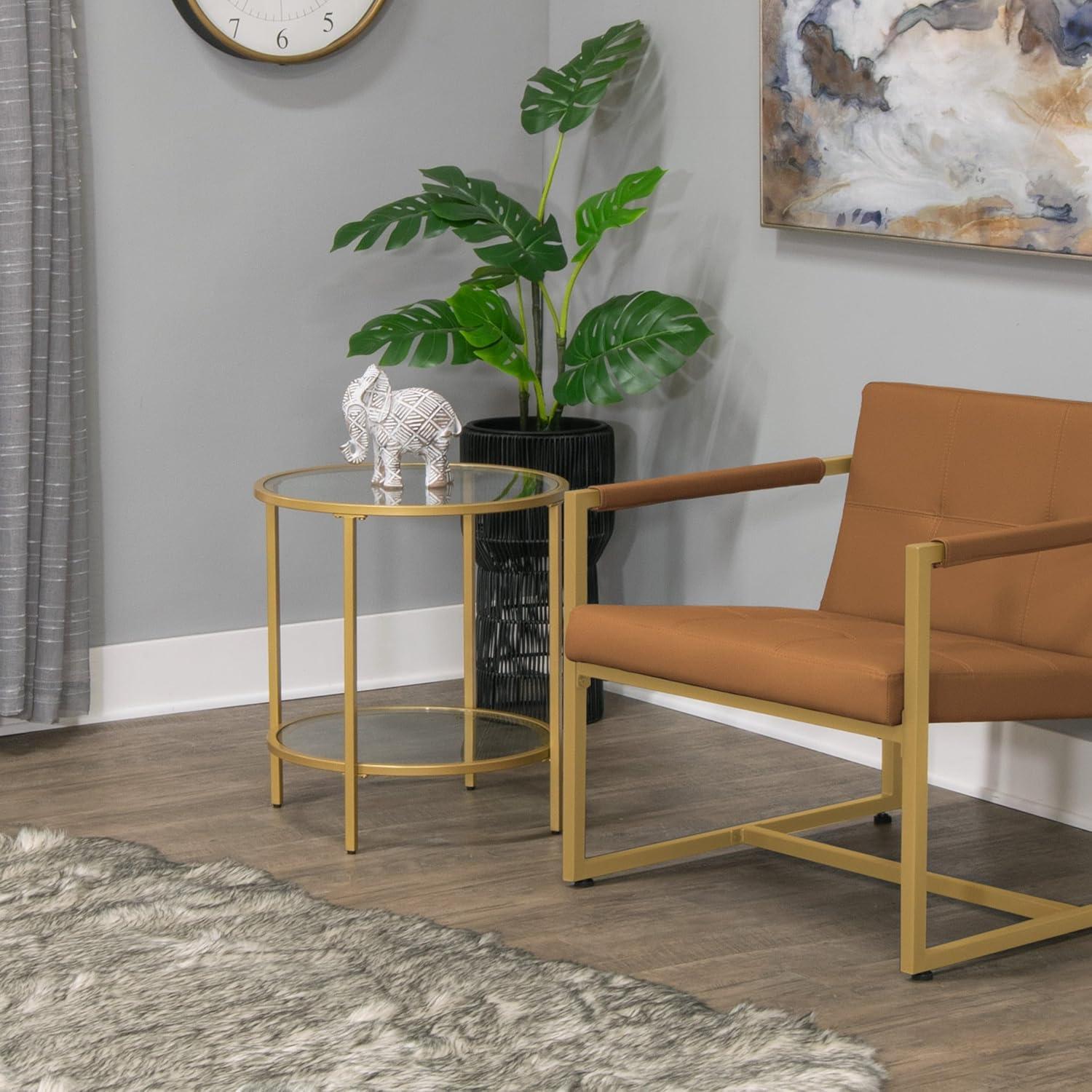 Gold Round Metal and Glass End Table with Dual Shelves