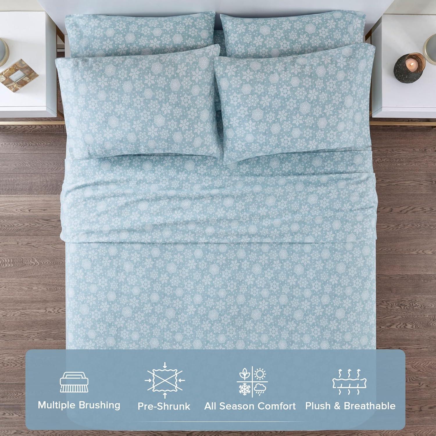Comfort Spaces Twin Sheet Set, Flannel Bed Sheets Twin, 100% Cotton Bed Sheets Set with Deep Pocket, 3-Piece Snowflakes Blue