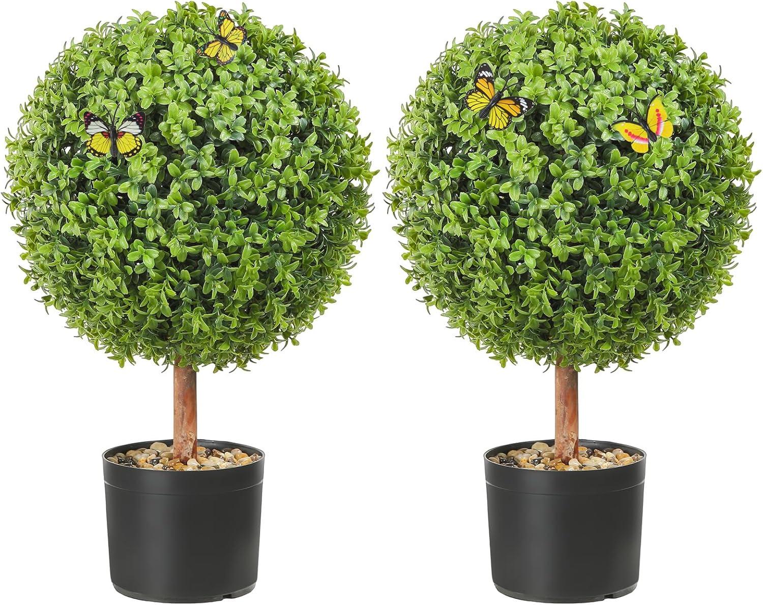 24" Green Plastic Boxwood Topiary Trees with Black Planters, Set of 2