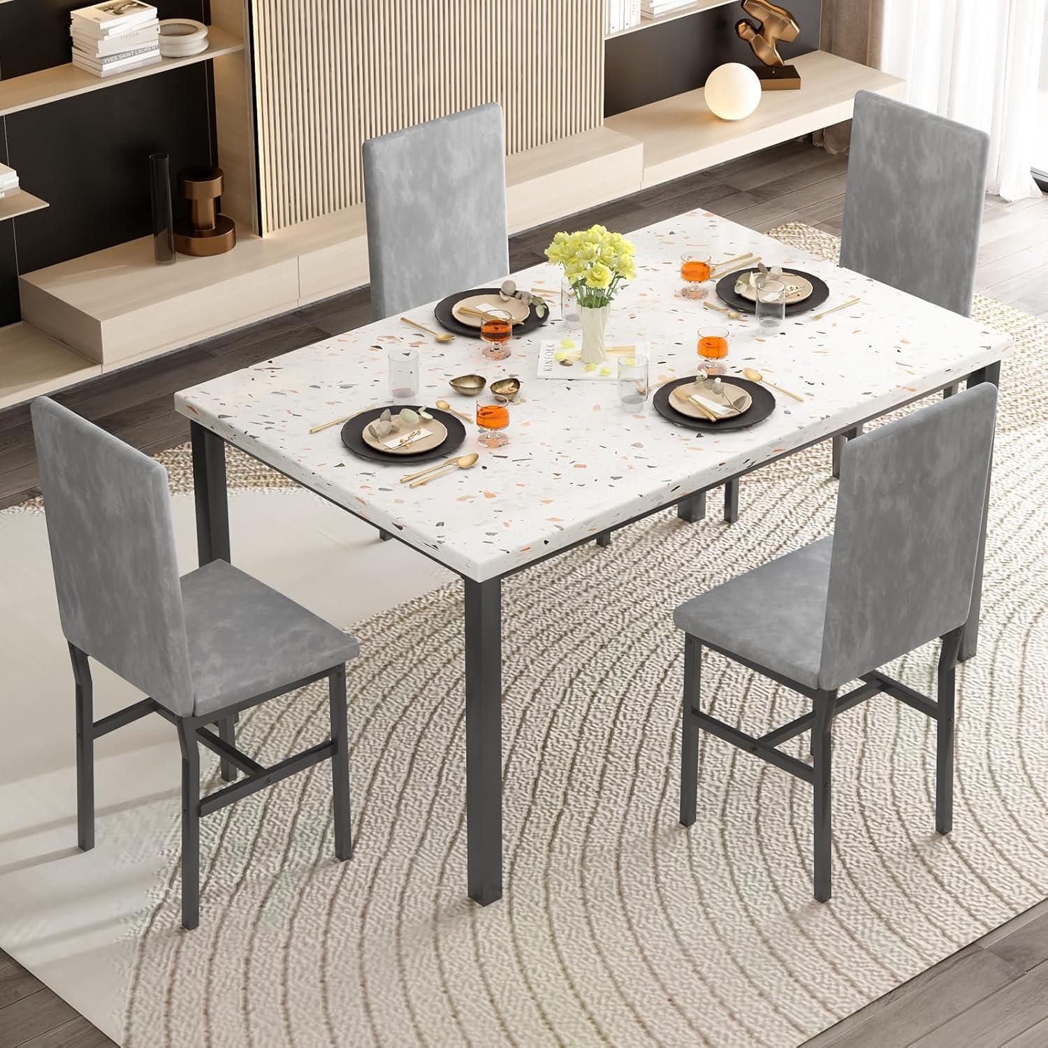 Recaceik 5-Piece Marble Dining Table Set with 4 Velvet Metal Frame Chairs for 4, 31.2"H Table