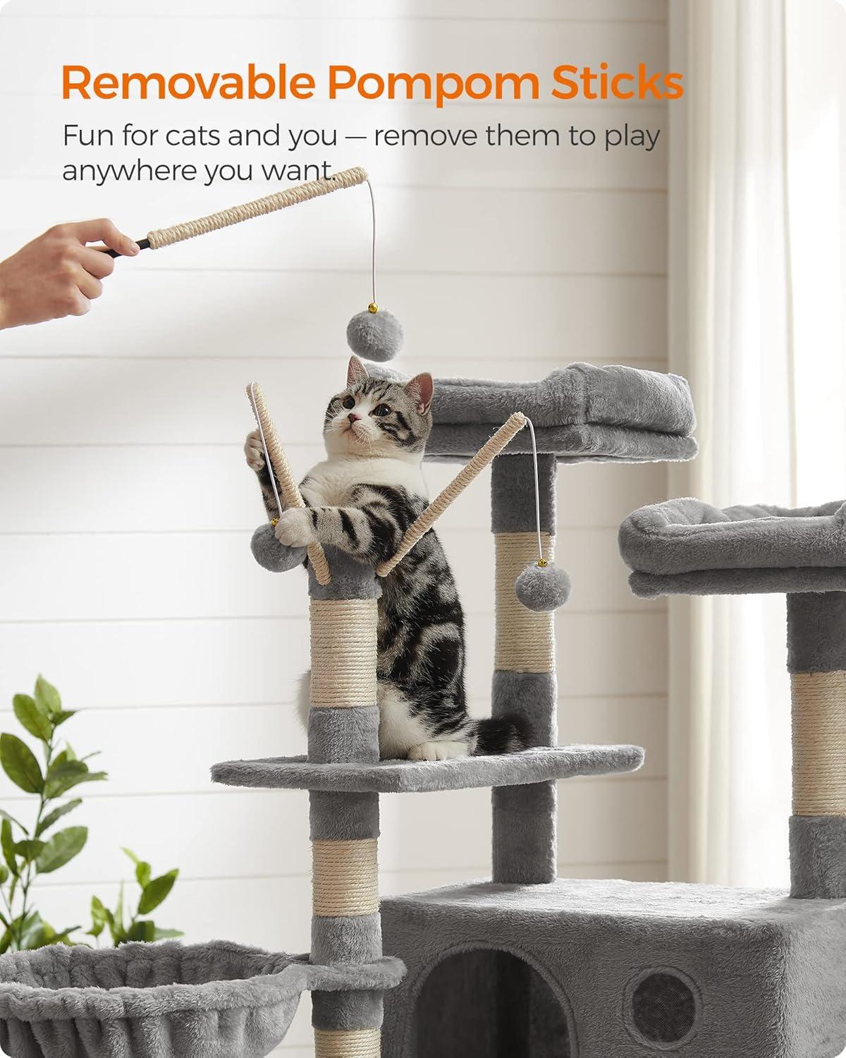 FEANDREA 64.6" Cat Tree Large Cat Tower Cat Activity Center with Hammock Cat Condo Light Gray