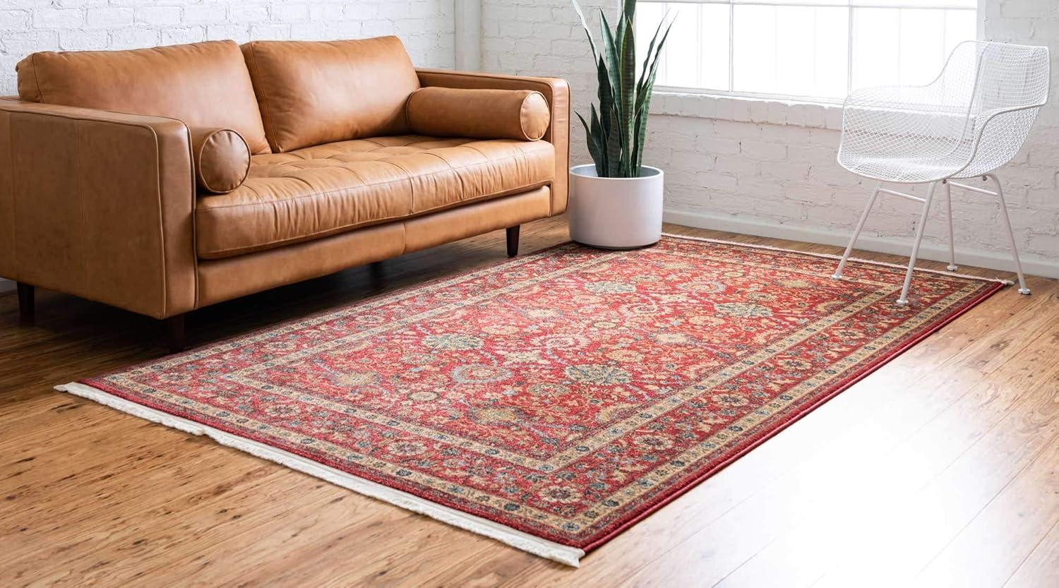 Red Floral Synthetic Rectangular Area Rug with Fringe