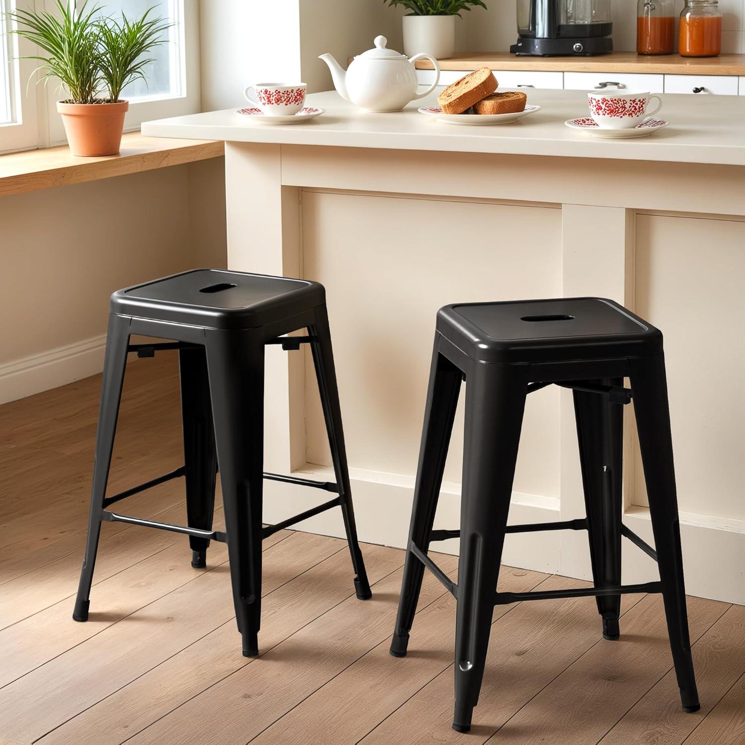 Furmax Metal Indoor-Outdoor Counter Height Stackable bar Stools, Set of 4, Black