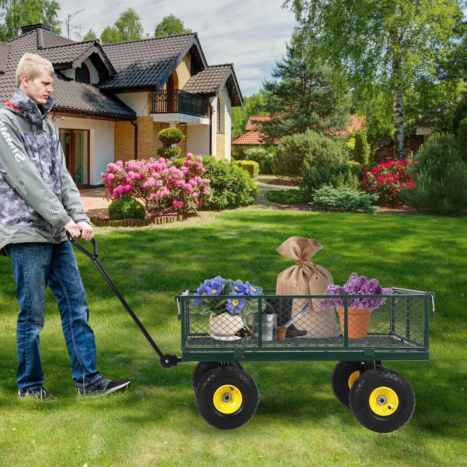 Garden Cart on Wheels 880Lbs Capacity, Heavy Duty Full Steel Utility Wagon, Versatile Flatbed Carts with Removable Mesh Sides, 180° Rotating Handle, Fit for Outdoor Garden, Lawn, Yard