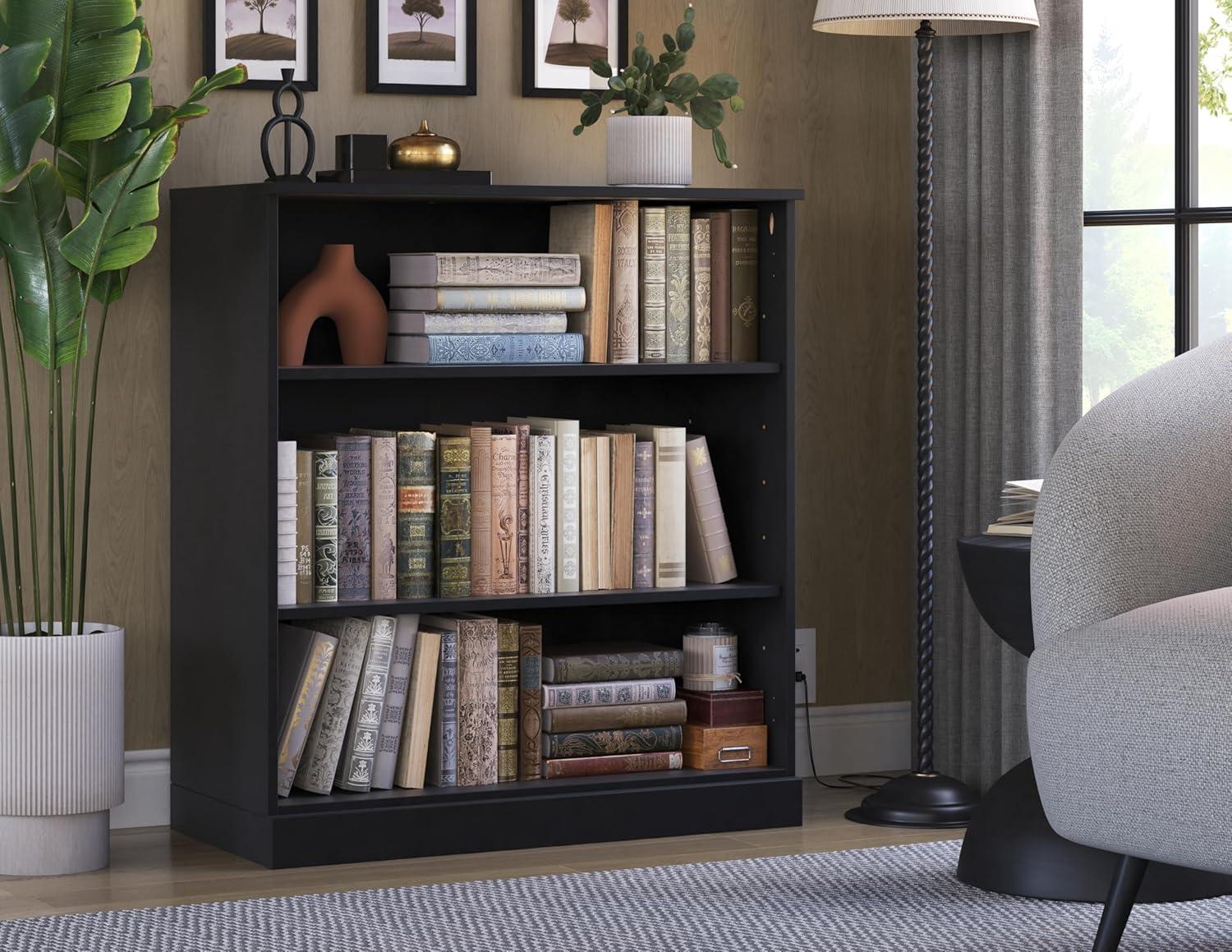 Palace Imports 100% Solid Wood 3-shelf Bookcase with Adjustable Shelves, Black