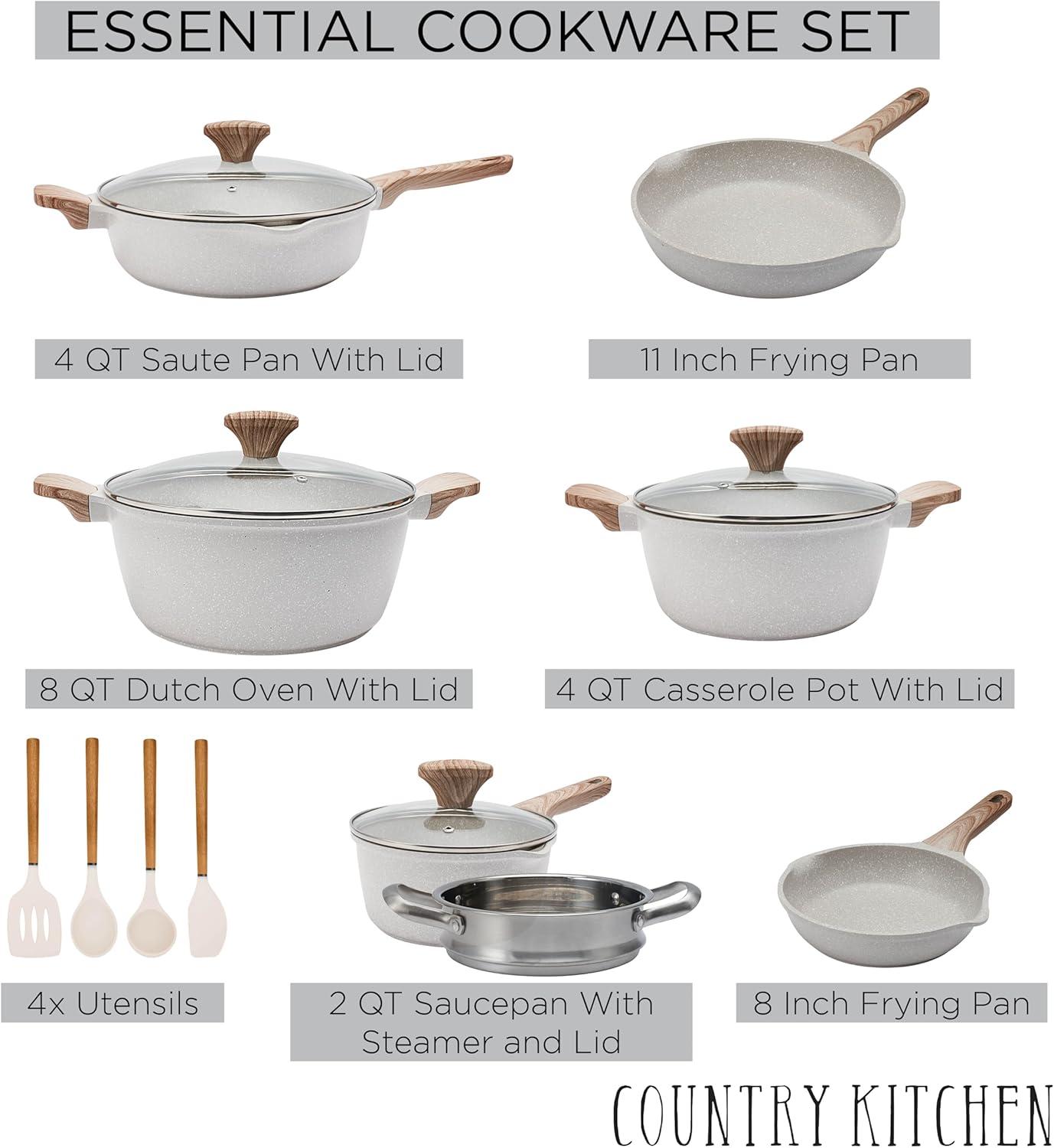 Country Kitchen 15-Pc Cast Aluminum Pots and Pans Set Non Stick Cookware Set, Cream