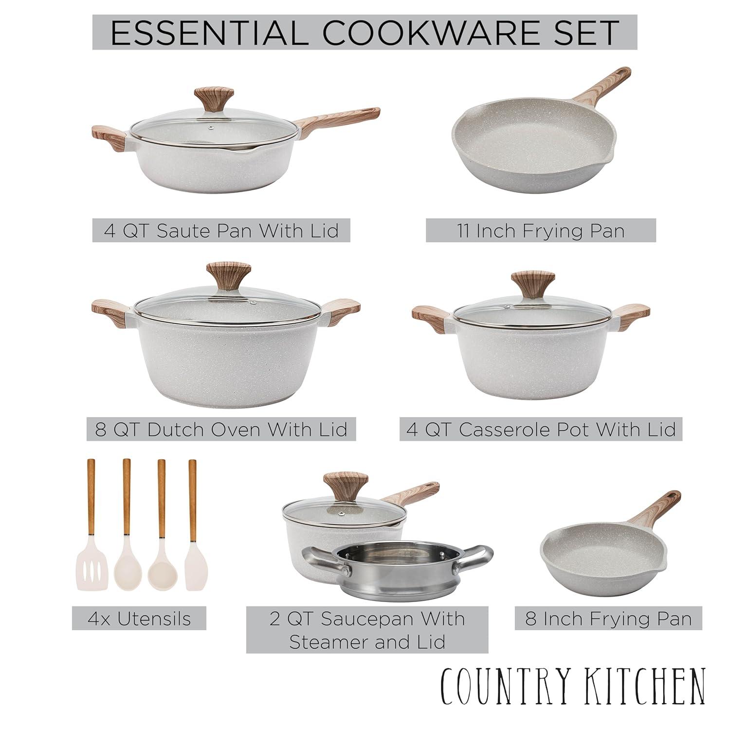 Country Kitchen 15-Pc Cast Aluminum Pots and Pans Set Non Stick Cookware Set, Cream