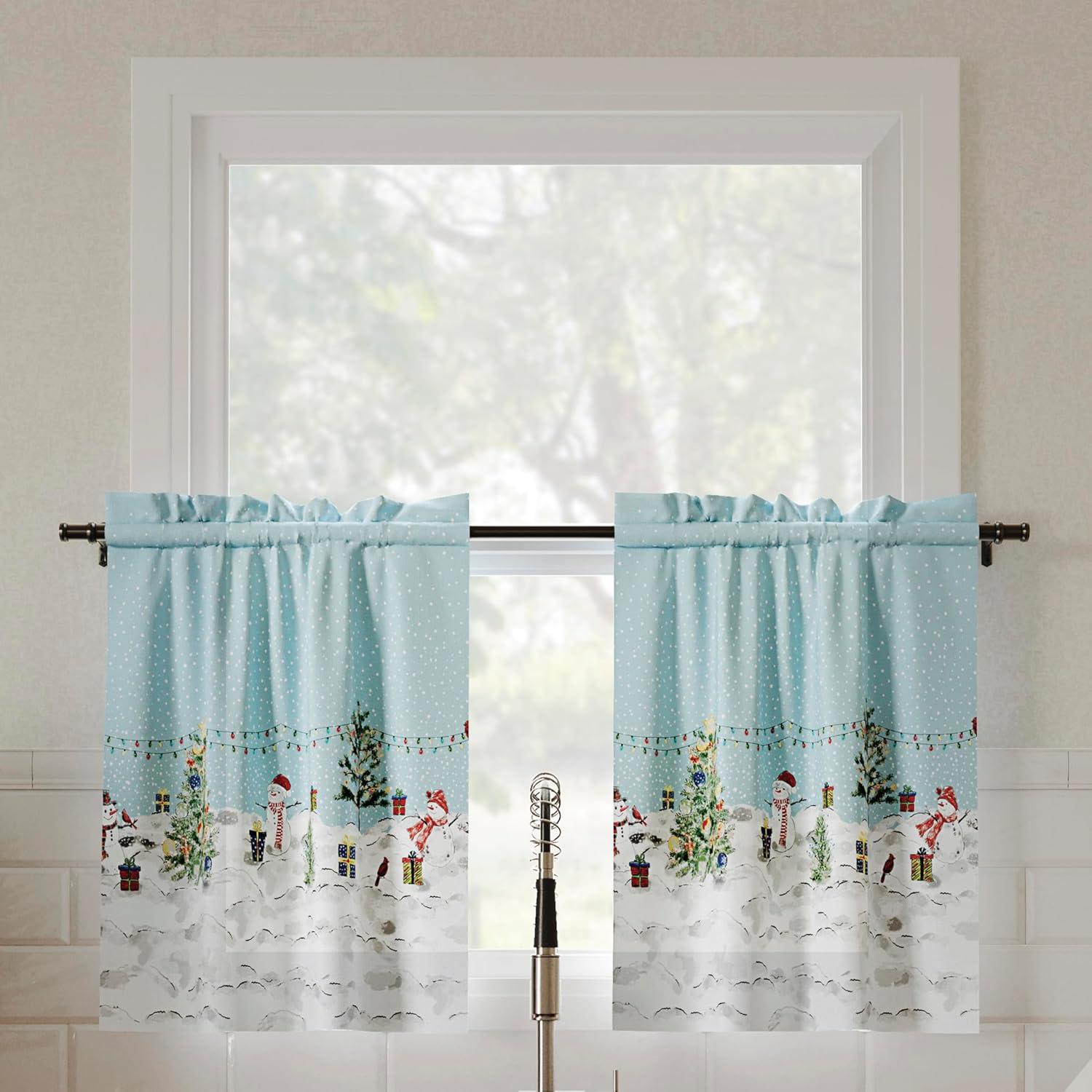 Blue Semi-Sheer Holiday Rod Pocket Kitchen Curtains, 54" x 24"