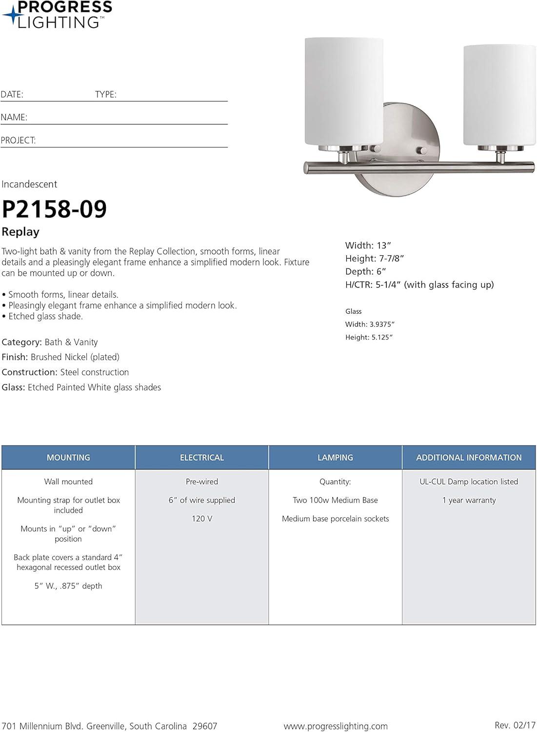 Progress Lighting Replay 2-Light Bath Vanity, Brushed Nickel, Porcelain Shade