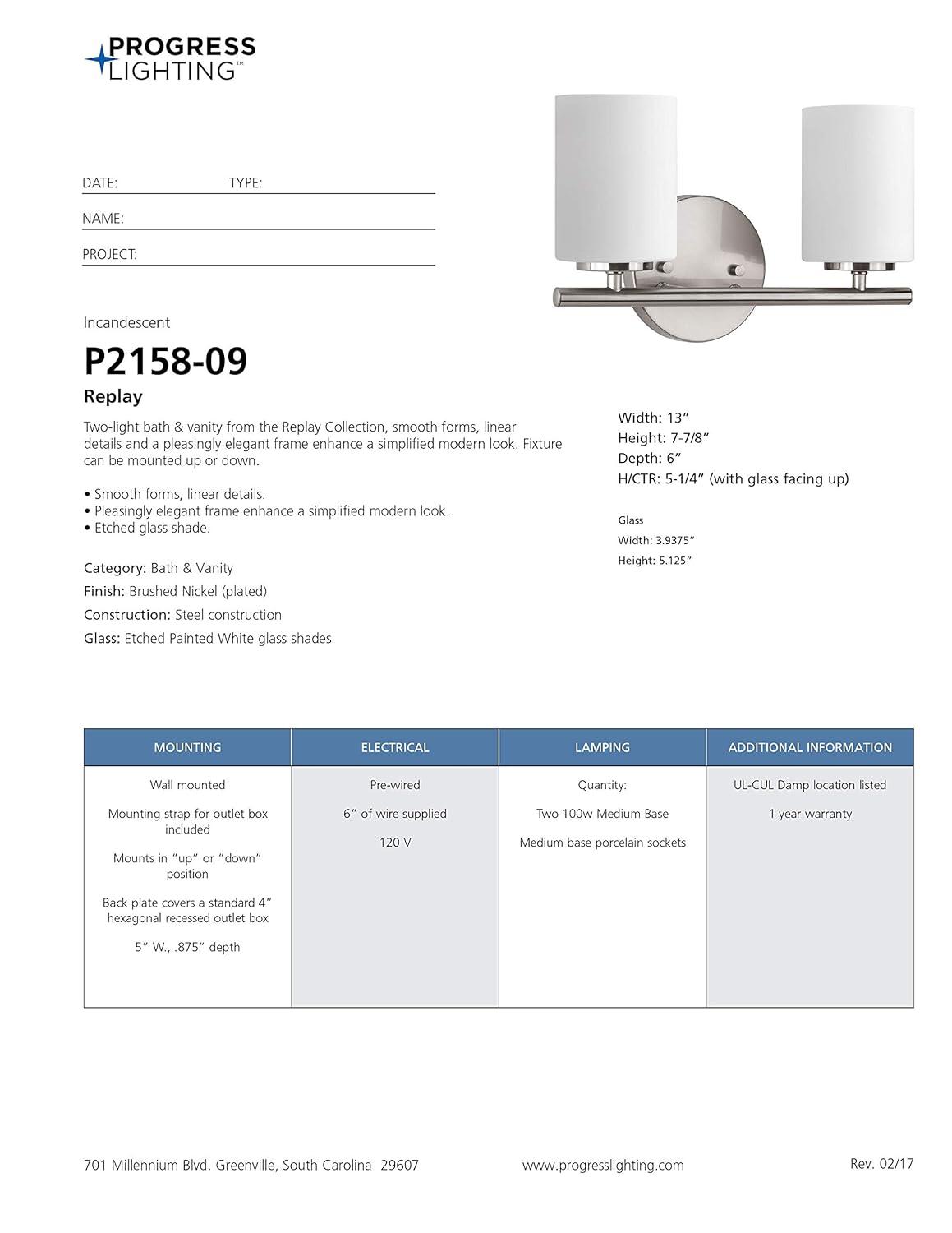 Progress Lighting Replay 2-Light Bath Vanity, Brushed Nickel, Porcelain Shade