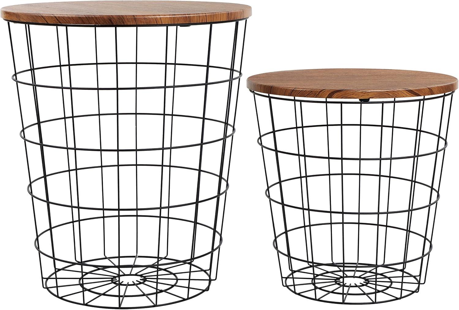 Round Black Metal Wire Basket Side Tables with Wood Composite Tops