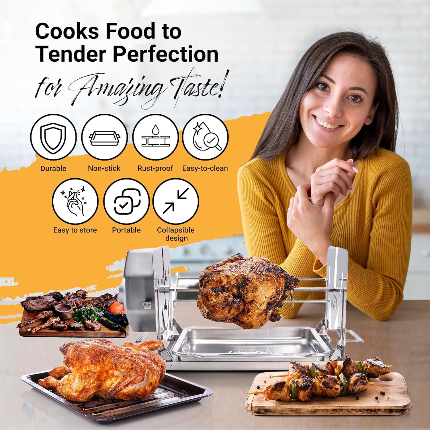 ROTO-Q 360 Cordless Stainless Steel Rotisserie Kit - Non-Electric for Grills, Ovens, BBQ, Smokers - Indoor/Outdoor