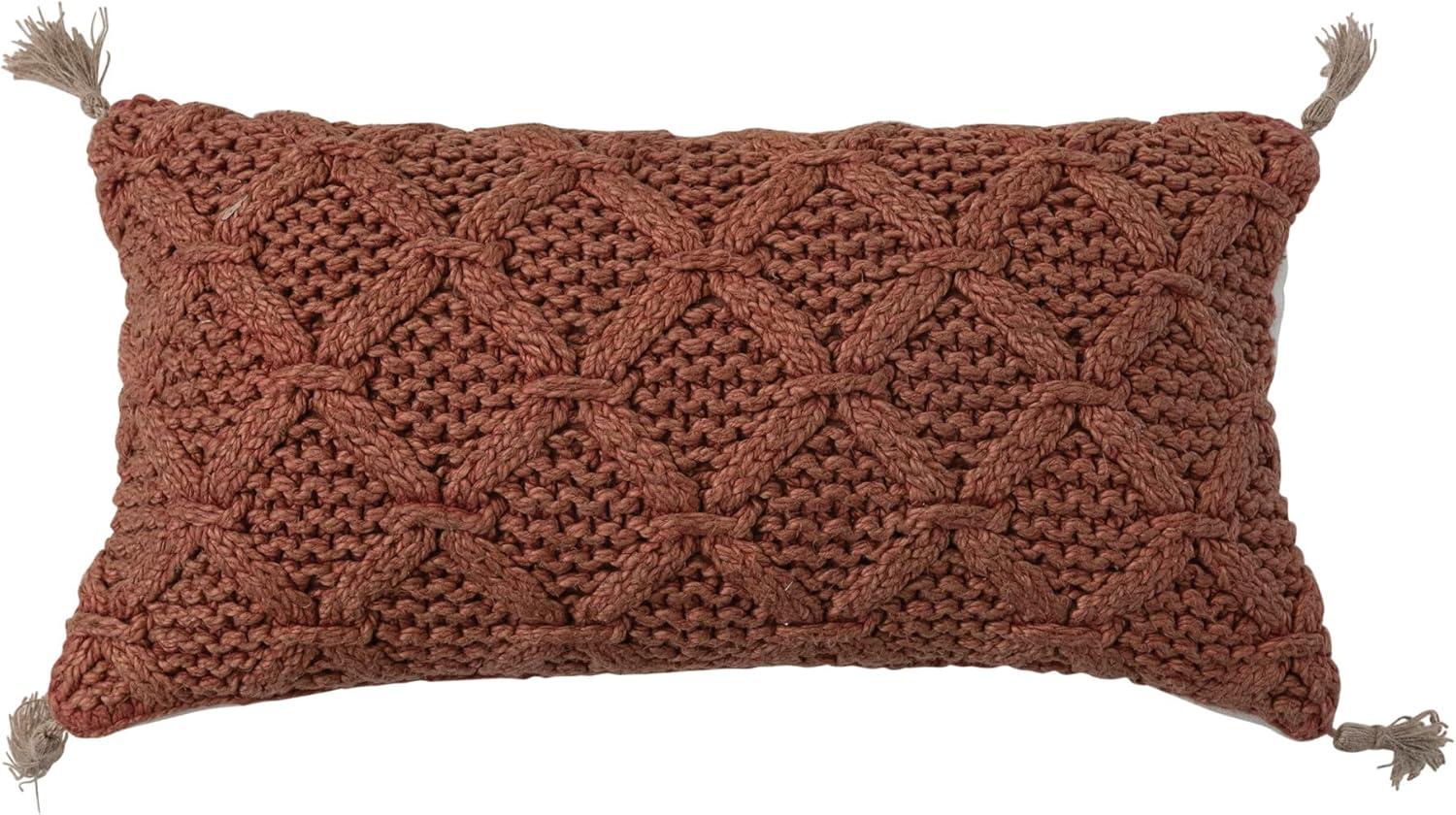 Rust Cotton Slub Lumbar Pillow with Diamond Weave and Tassels