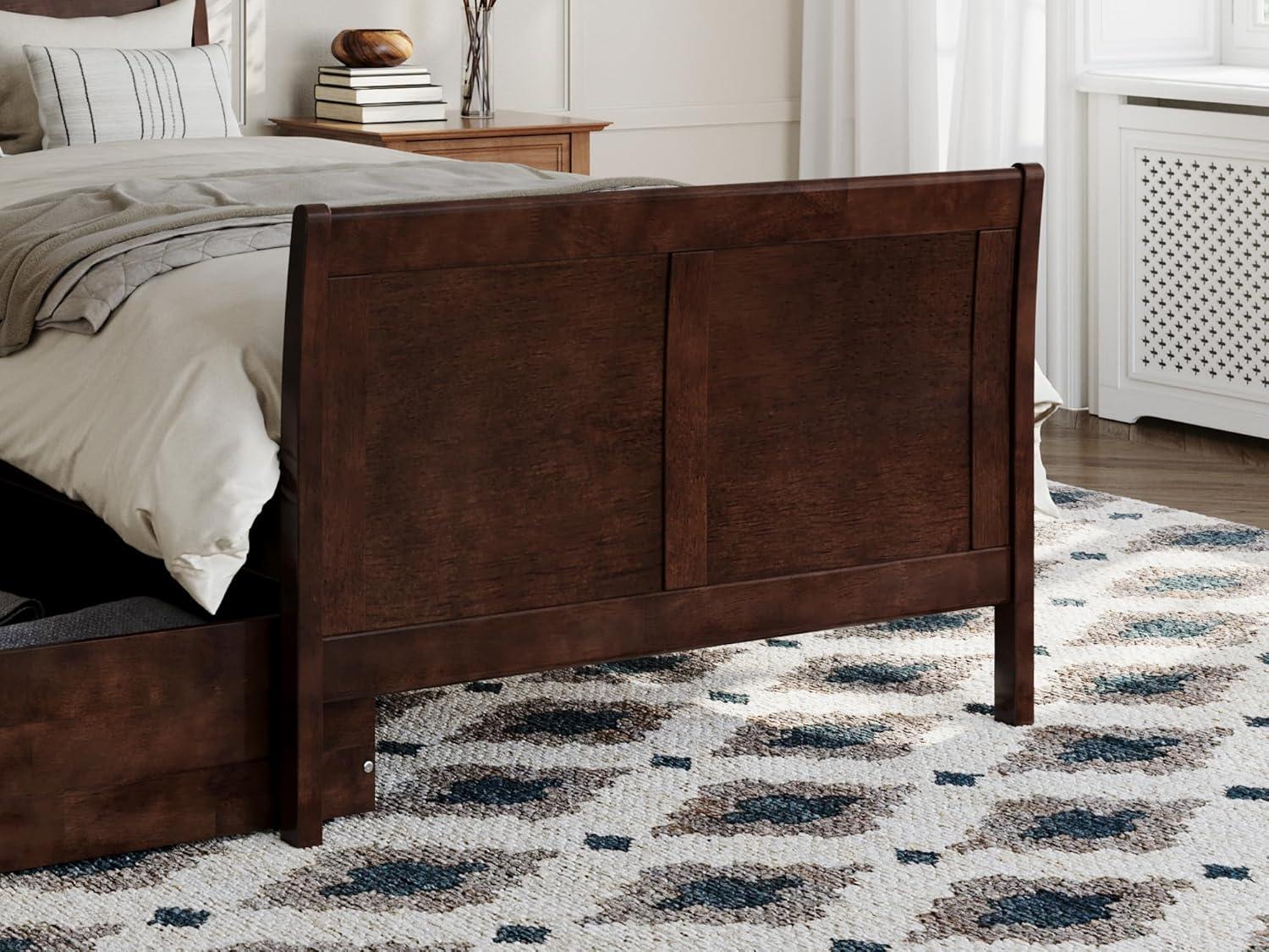 Walnut Twin XL Platform Bed with Sleigh Headboard and Storage Drawers