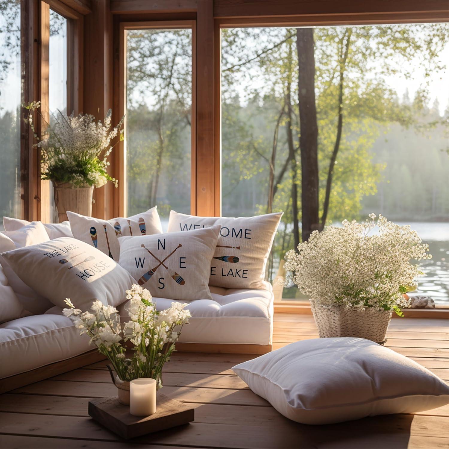 Lake House Decor Lake Pillows Case 20 x 20 Inch Set of 4, Lake Paddle Decor, Lake House Rules Decor, Lake House Decor, Lake House Room Decor Pillows Cover for Sofa Couch Bed (White).