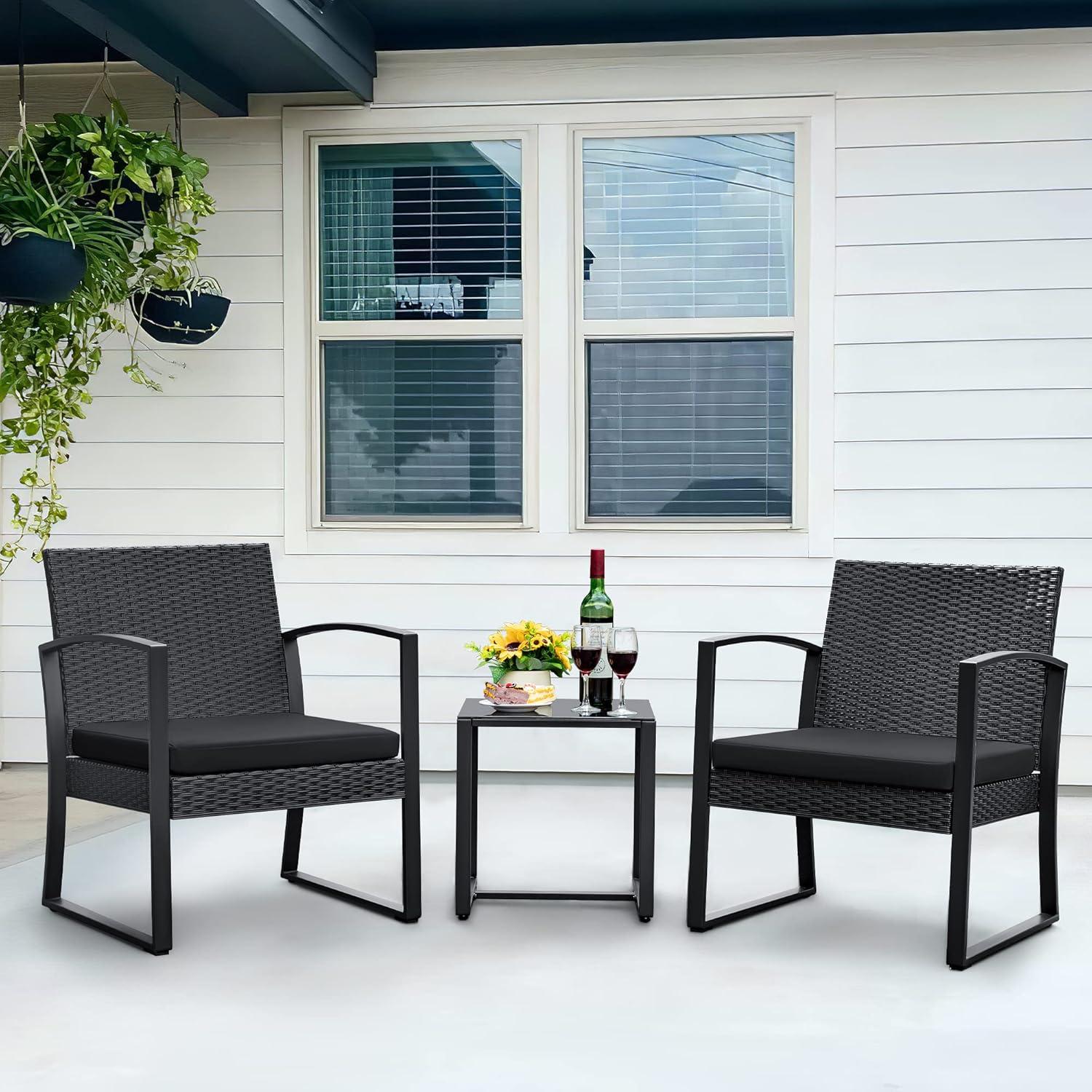 Black Wicker and Steel Outdoor Patio Set with Glass Table