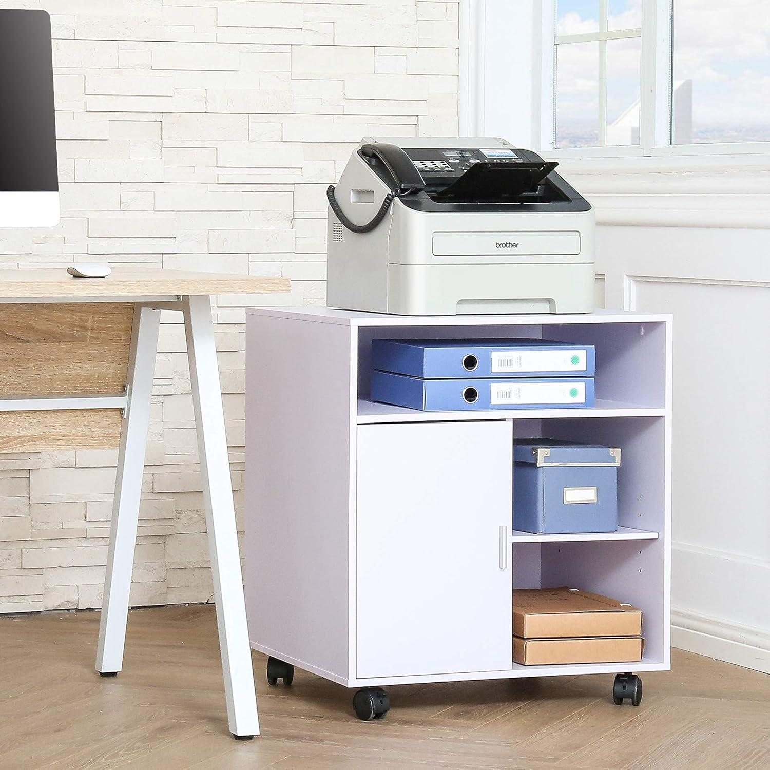 White Wood Mobile Printer Stand with Adjustable Shelves