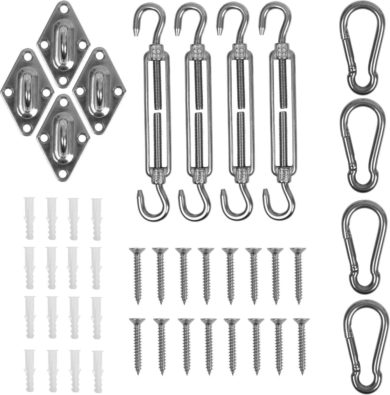 Shade Sail Hardware Kit - 44 Piece Heavy Duty Stainless-Steel Sun Sail Hardware Kit for Triangle, Square or Rectangle Shade Sails - Turnbuckle Awning Installation Sunshade Hardware by Pure Garden