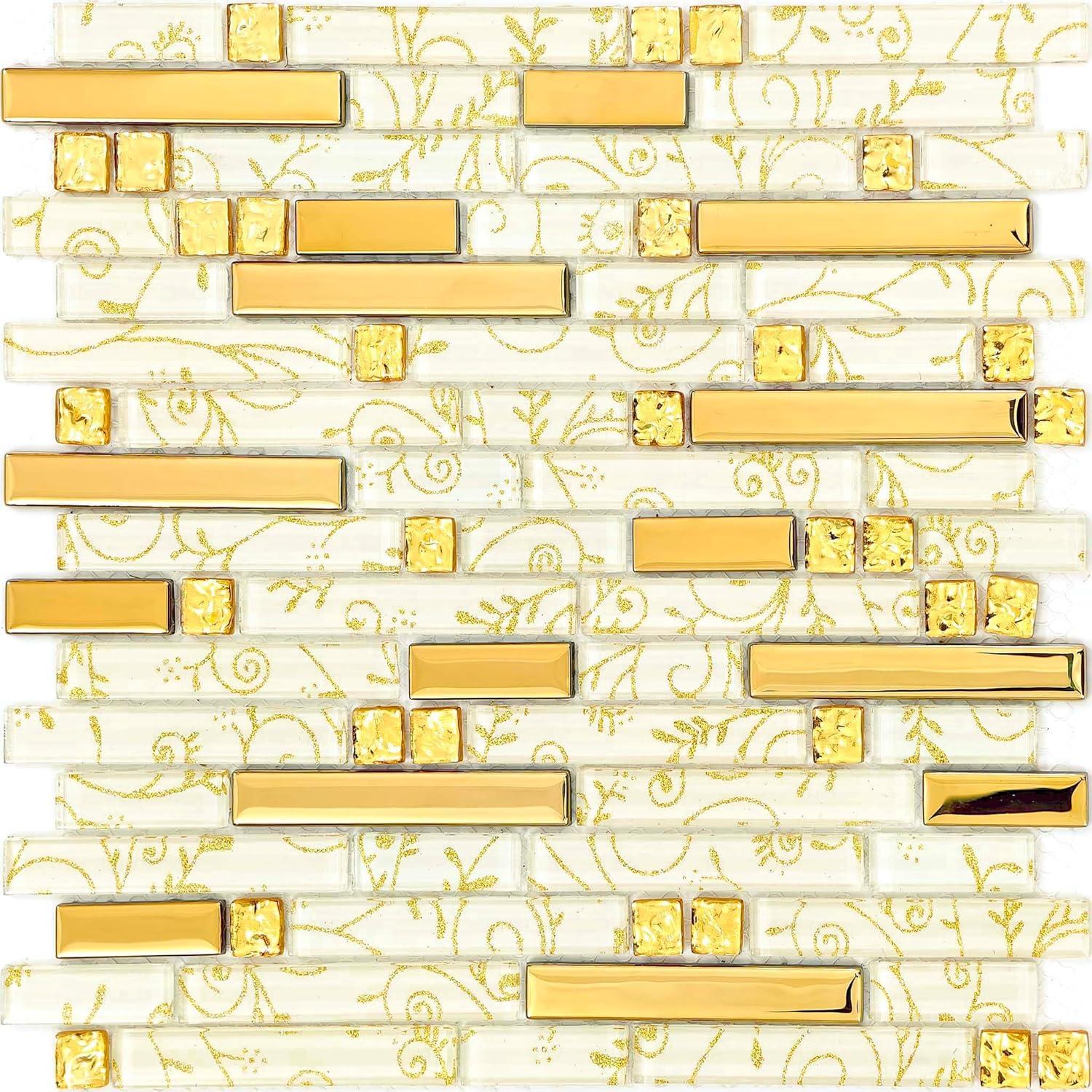 Metallic Glass Tile Luxury Gold Linear Interlocking Elegant Floral Pattern Accents Mosaic for Kitchen Backsplash Bathroom Wall and Fireplace Decor (3x12 Sample)