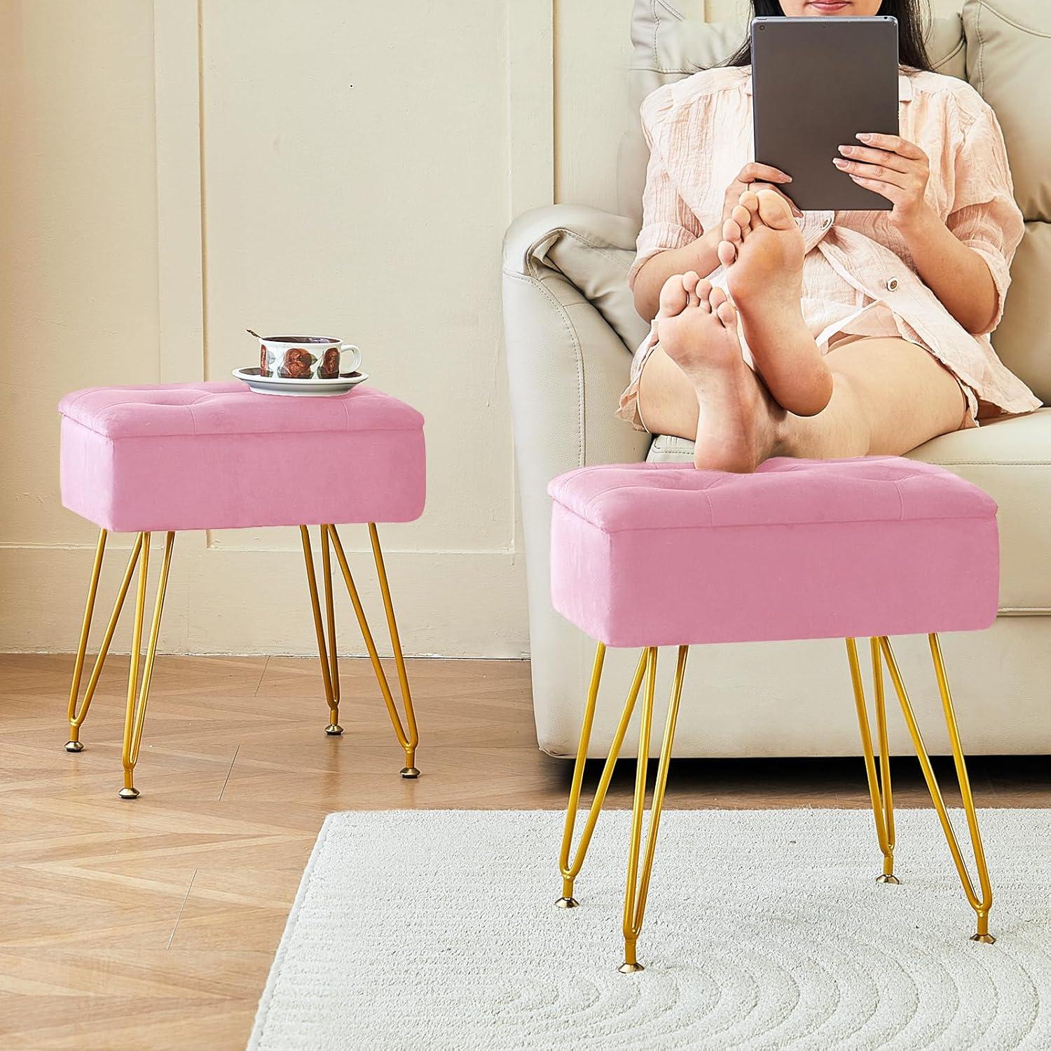 Vanity Stool Chair with Storage, Square Velvet Makeup Vanity Chair with Metal Legs & Adjustable Gold Feet, Flip Top Ottoman Foot Rest with Soft Padded Seat for Bedroom Living Room, Black