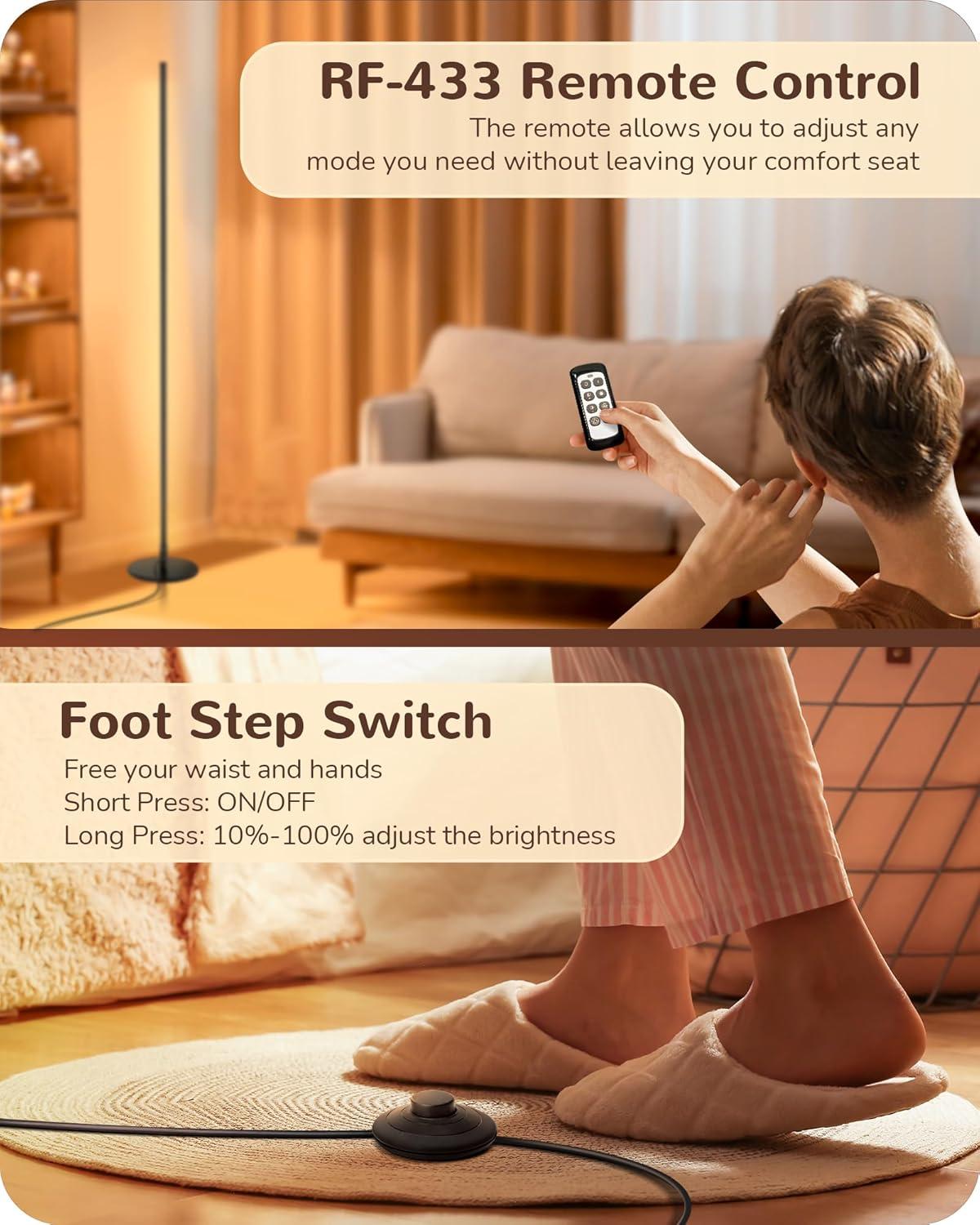 EDISHINE LED Corner Modern Floor Lamp with Remote Set of 2, Minimalist Dimmable Mood Lighting, 7CCT, Standing Clearance Floor Lamps for Living Room, Bedroom, Office, Black