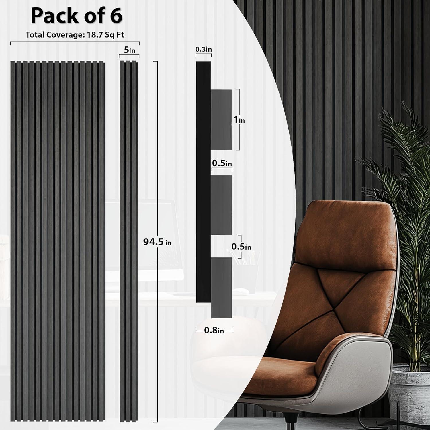 CONCORD WALLCOVERINGS ™ Acoustic Wall Panels – Wooden Sound-Absorbing 3D Veneers for Noise Reduction & Soundproofing, Home Theater - 94.5" x 5" (Pack of 6, Covers 18.7 Sq Ft) - Charcoal COA1420