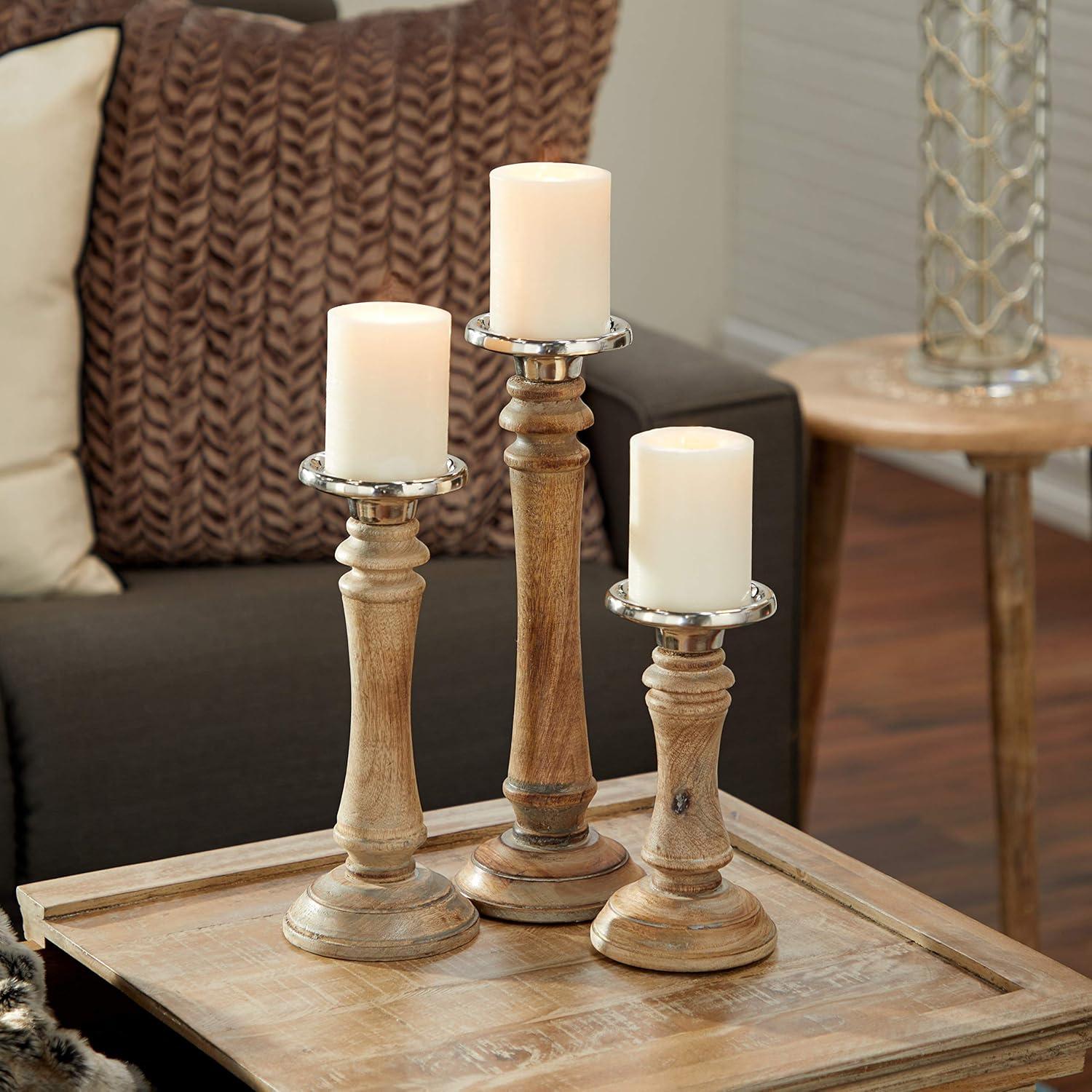 Elegant Mango Wood 9'' Traditional Candlestick Set in Brown