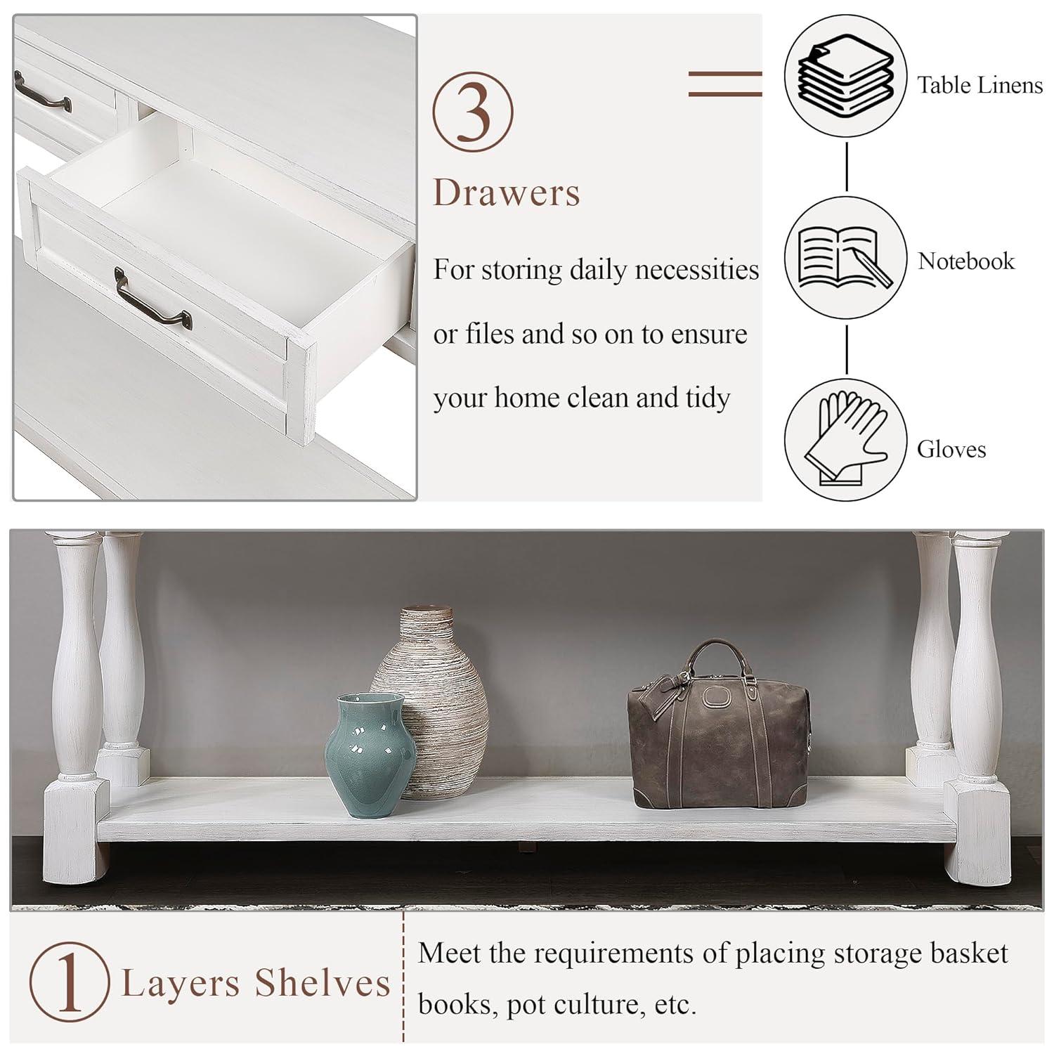 Merax Solid Wood Sofa Table with 3 Storage Drawers, 63 Inch Long Wood Console Table with Bottom Shelf, Retro Entryway Table for Living Room Hallway, Antique White