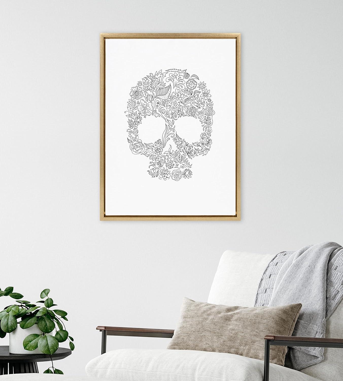 Kate & Laurel All Things Decor 18"x24" Sylvie Skull Print Framed Canvas Wall Art by Viola Kreczmer Gold Black and White Floral