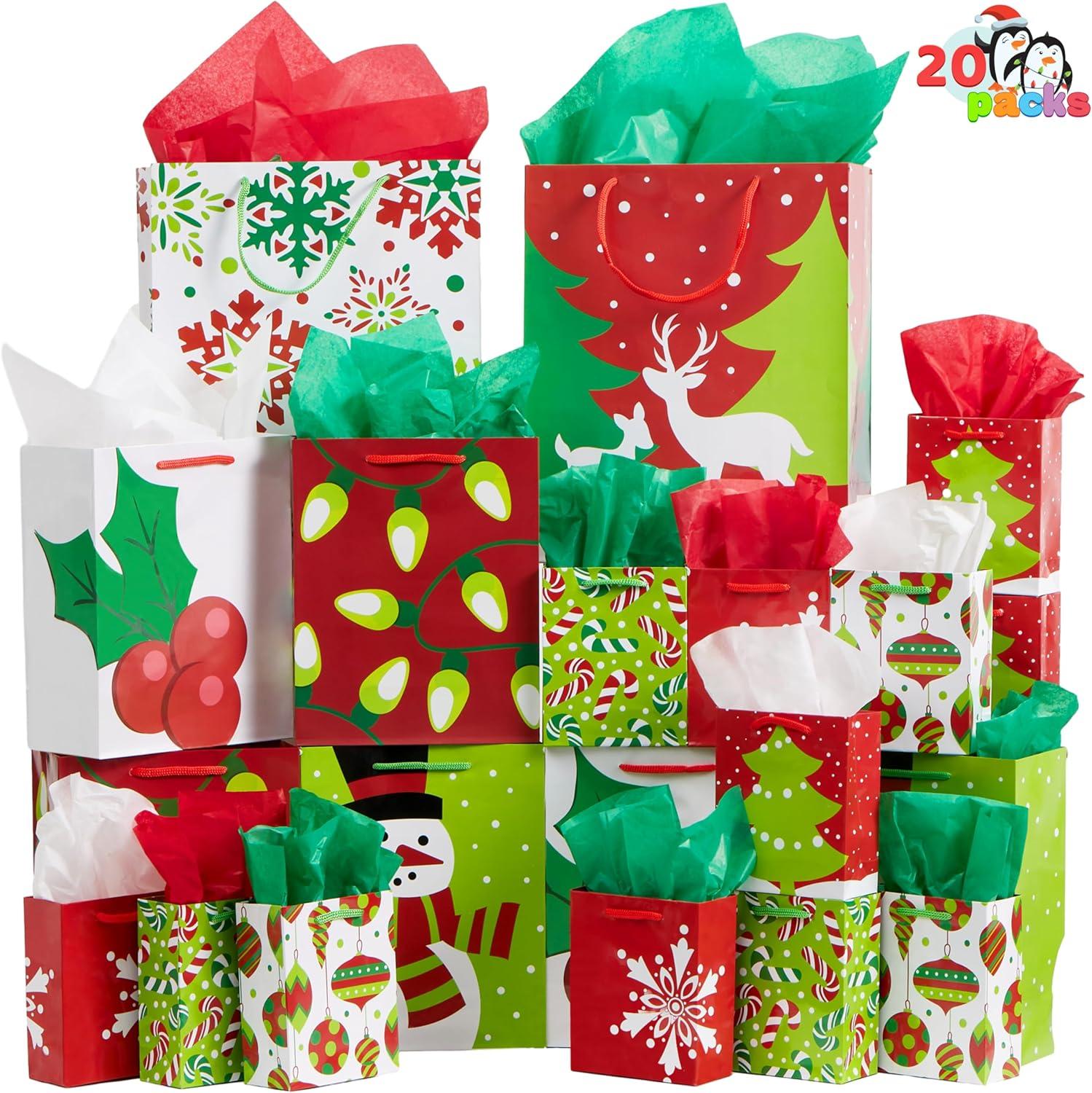 JOYFY 20pcs Christmas Gift Bags Assorted Sizes - Red Green White Gift Bags