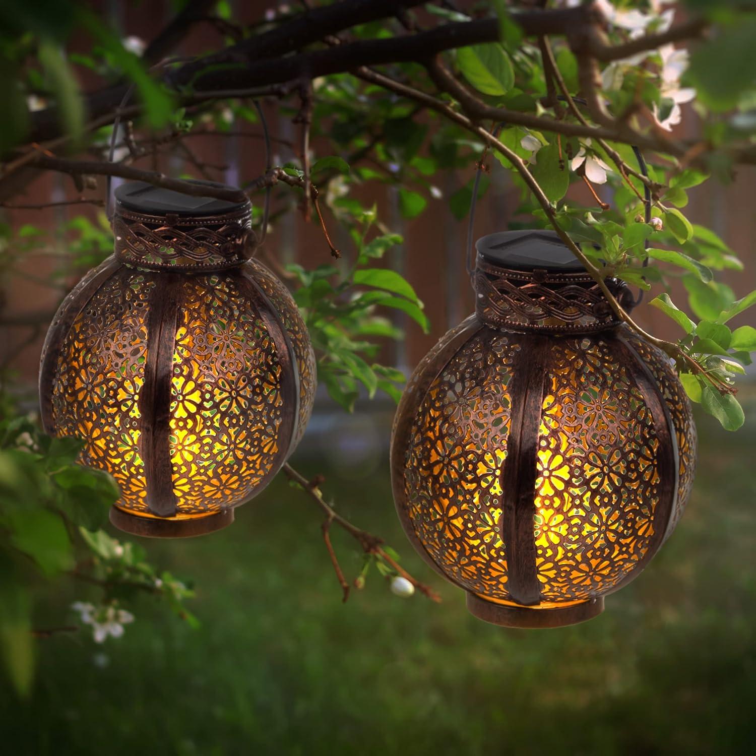 2 Solar Outdoor Lights - Hanging Or Tabletop Rechargeable LED Lantern With Hooks- Outdoor Decor