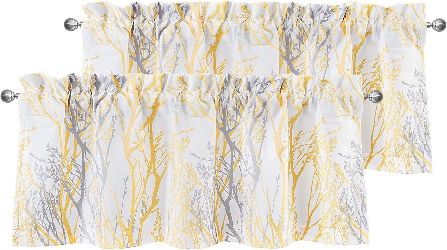 DriftAway Tree Branch Abstract Ink Printing Lined Thermal Insulated Window Curtain Valance Rod Pocket 52" by 18" Plus 2" Header Yellow 2 Pack