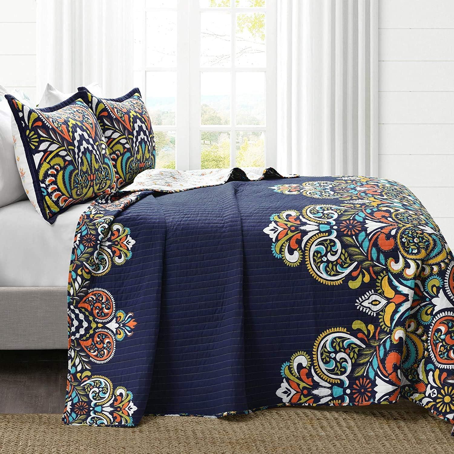 Navy Reversible Cotton Full Quilt Set with Paisley Damask Pattern