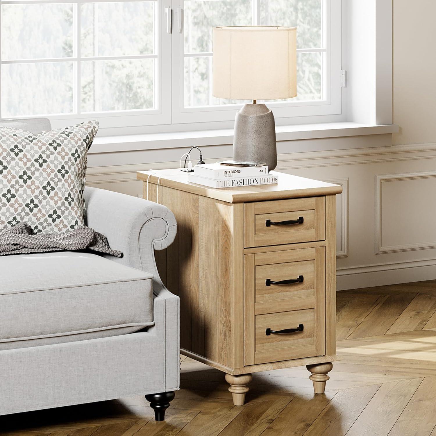 WAMPAT Farmhouse End Table with Charging Station, Light Wood Sofa Side Table with Storage Cabinet, Narrow Night Stand Bedside Table with Drawer for Living Room, Bedroom, Oak