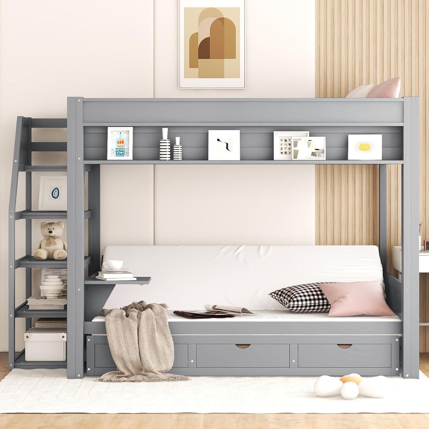 Harper & Bright Designs Full Over Full/Futon Bunk Beds with Stairs and 3 Drawers, Built-in Shelf, Bottom Bed can be Converted into Daybed, Solid Wood Bunk Bed Frame - Gray