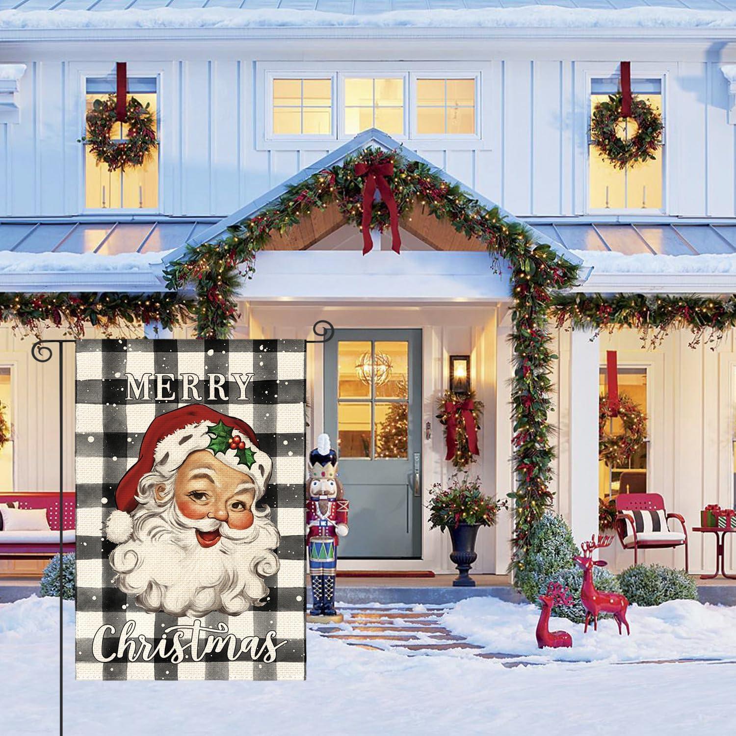 PHYHOO  Merry Christmas Santa Claus Garden Flag Double Sided, Watercolor Buffalo Plaid Winter Holiday Yard Outdoor Decorative Flag White