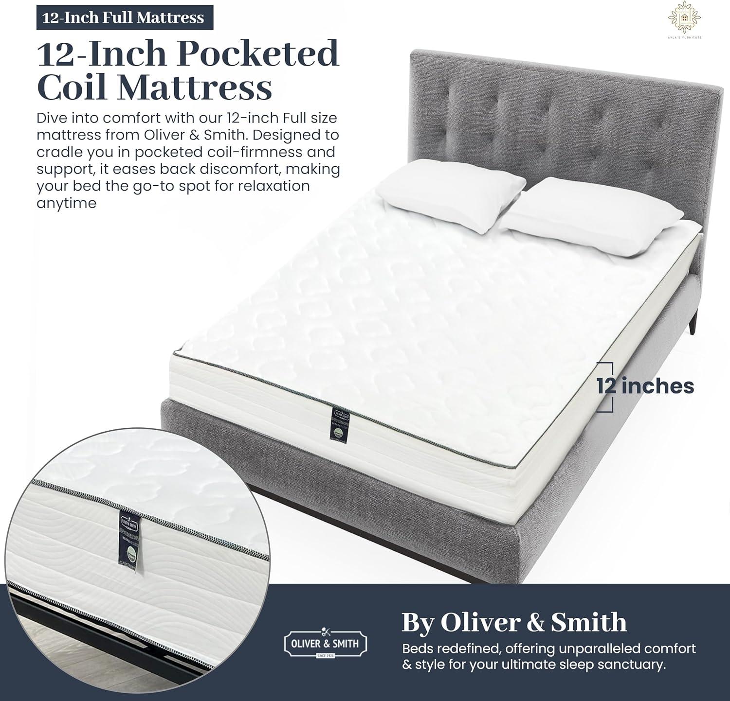 Full Size Mattress - 12 Inch Cool Memory Foam & Spring Hybrid Mattress with Breathable Cover - Comfort Tight Top - Rolled in a Box - Oliver & Smith