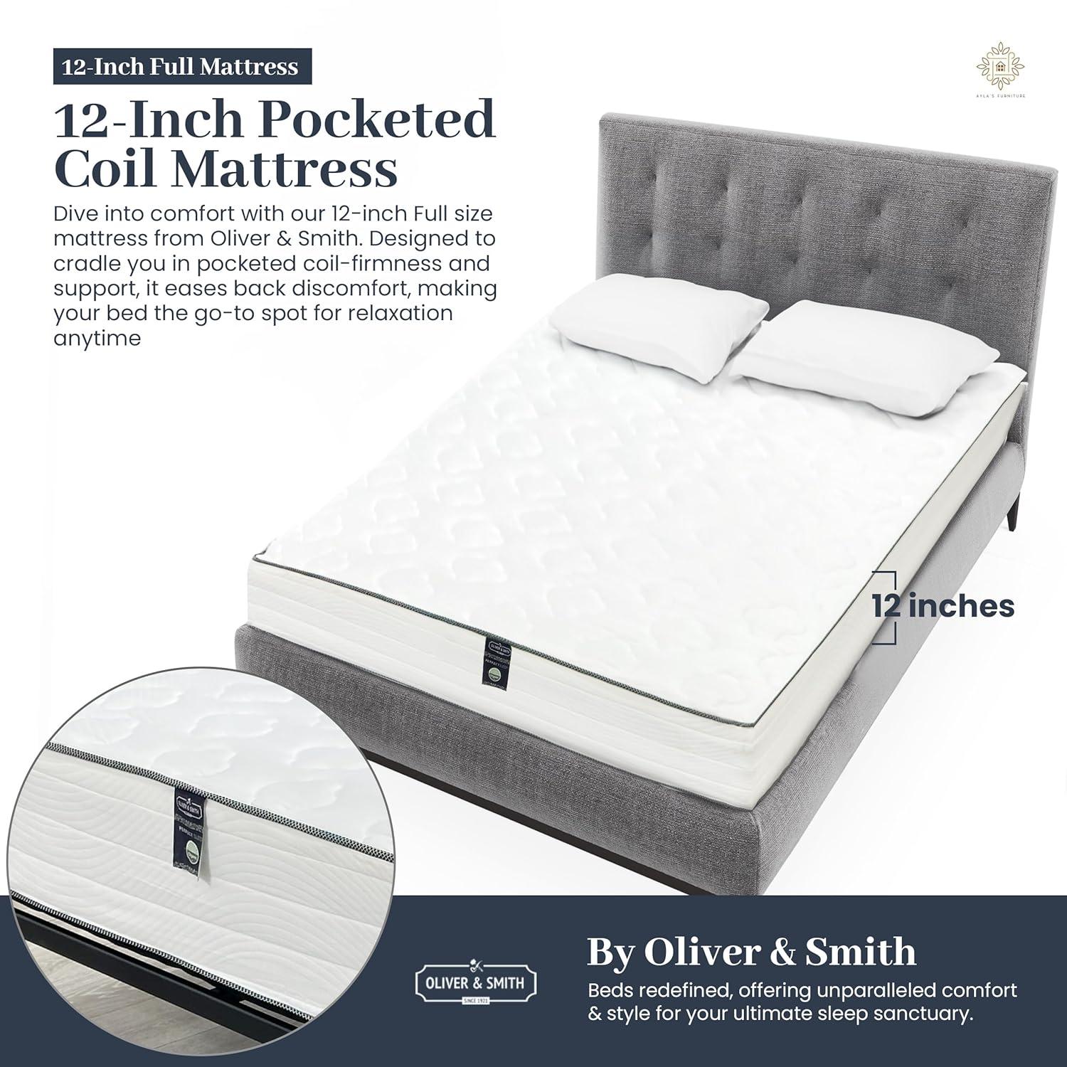 Full Size Mattress - 12 Inch Cool Memory Foam & Spring Hybrid Mattress with Breathable Cover - Comfort Tight Top - Rolled in a Box - Oliver & Smith