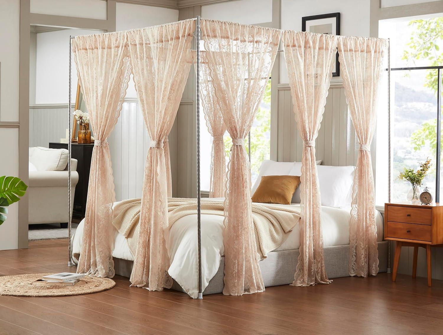 WARM HOME DESIGNS 8 Piece Lace Canopy Bed Curtains Set With Tie-Backs for Queen or King Bed (Set of 8)