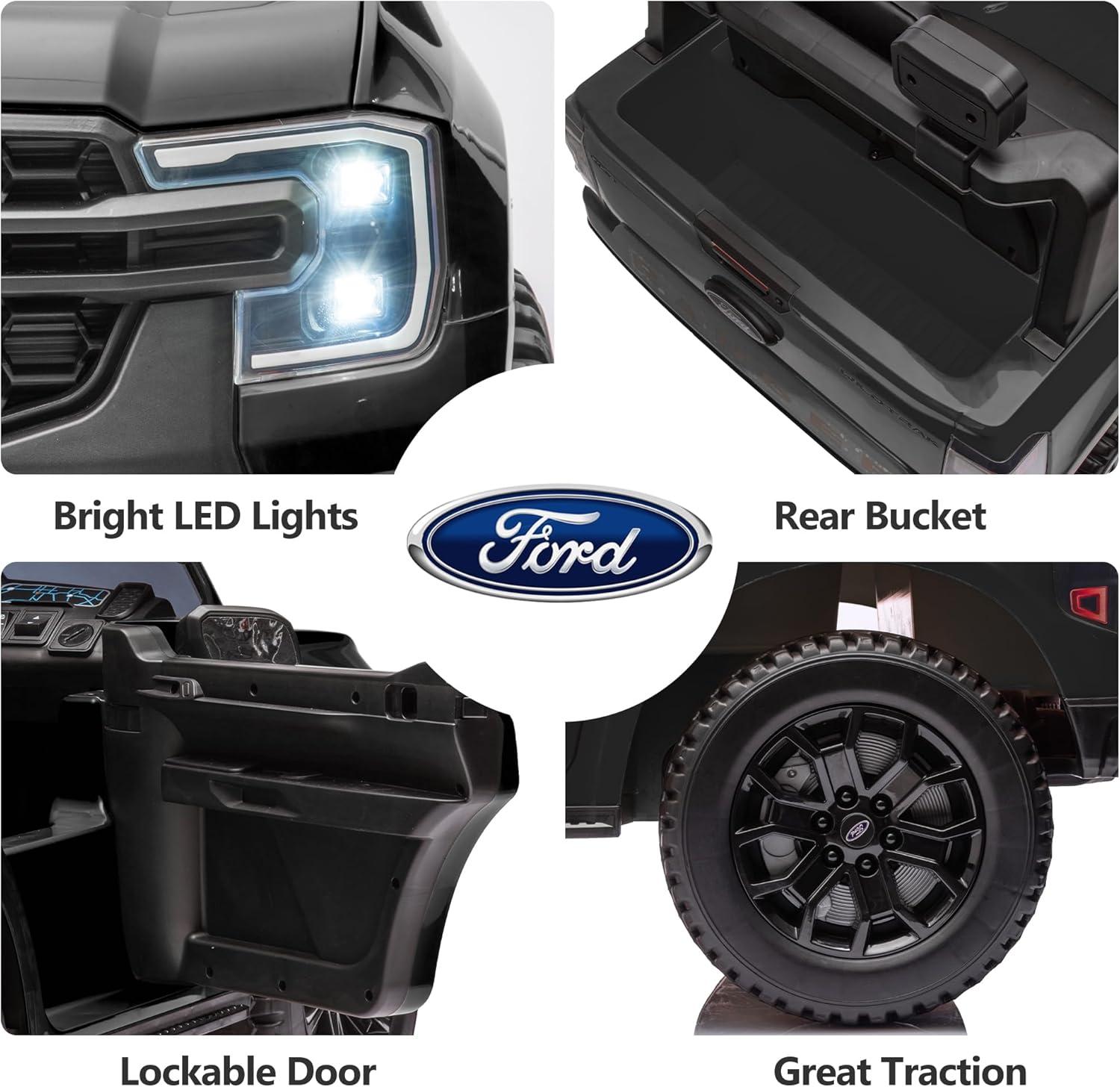 Ford Ranger Ride on Truck, 12V Powered Ride on Toy Cars with Remote Control, Bluetooth, MP3 Player, Safety Belt, LED Lights, Horn, Rear Wheels Drive Kids Electric Car for Boys Girls 3-6 Ages, Black