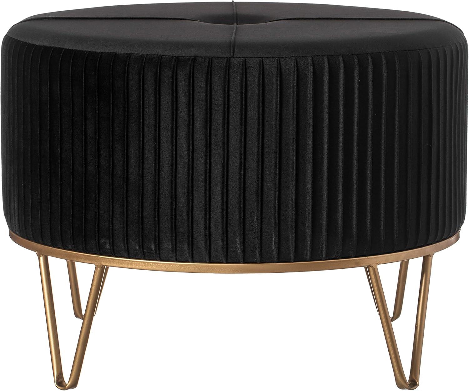 Fabulaxe Round Velvet Ottoman Stool Raised with Hairpin Gold Base, Black, Large