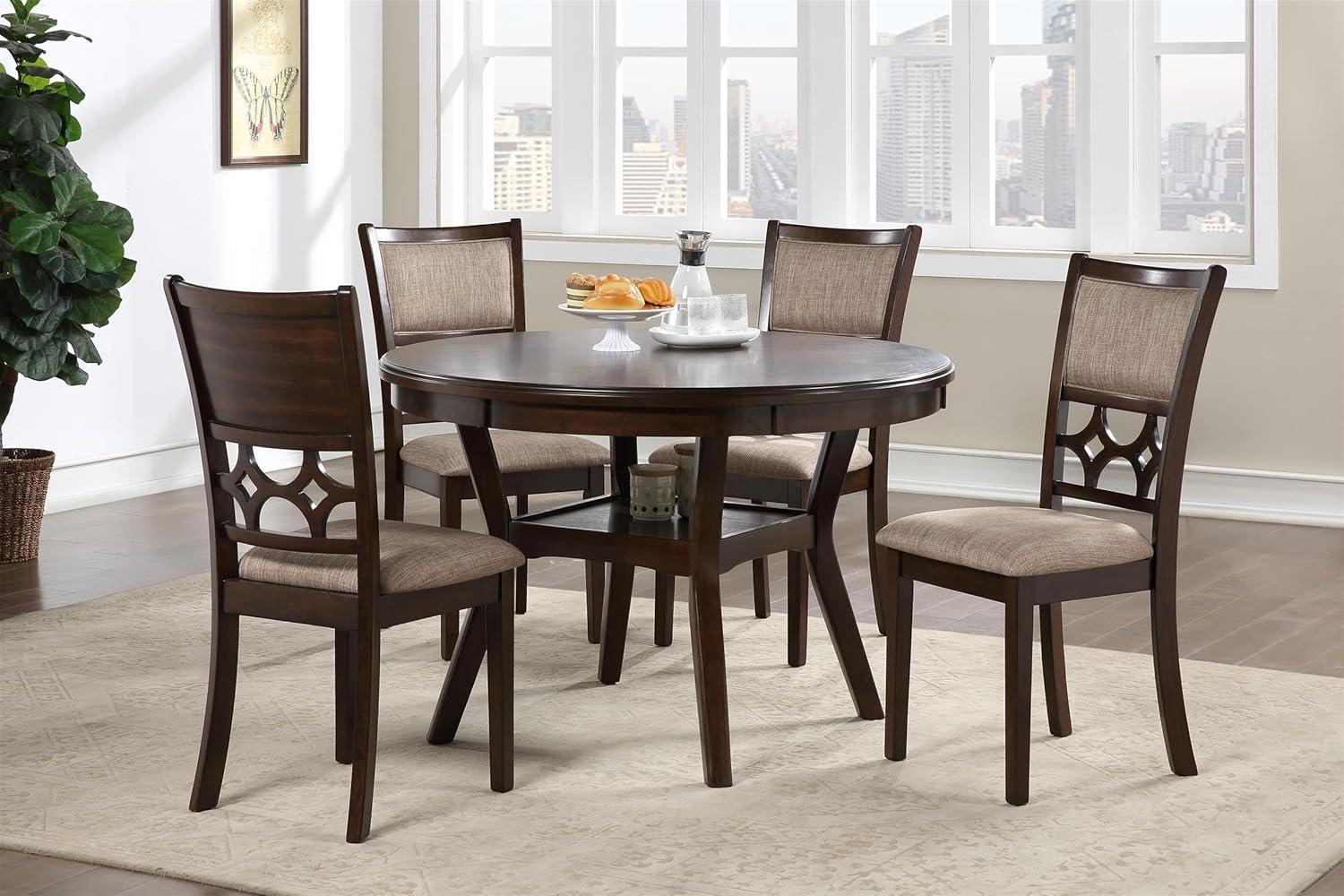 Cherry Brown Round Wood Dining Set with 4 Chairs