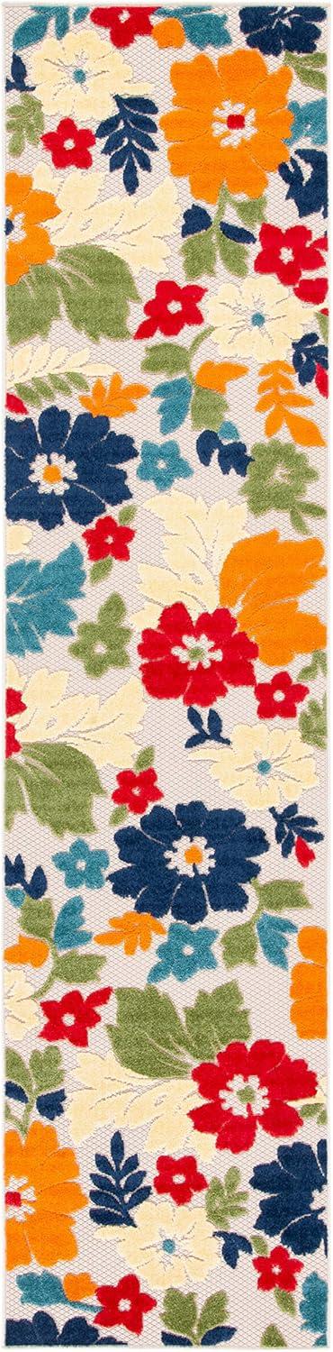 Ivory and Orange Floral Synthetic Outdoor Rug, 26" x 9'